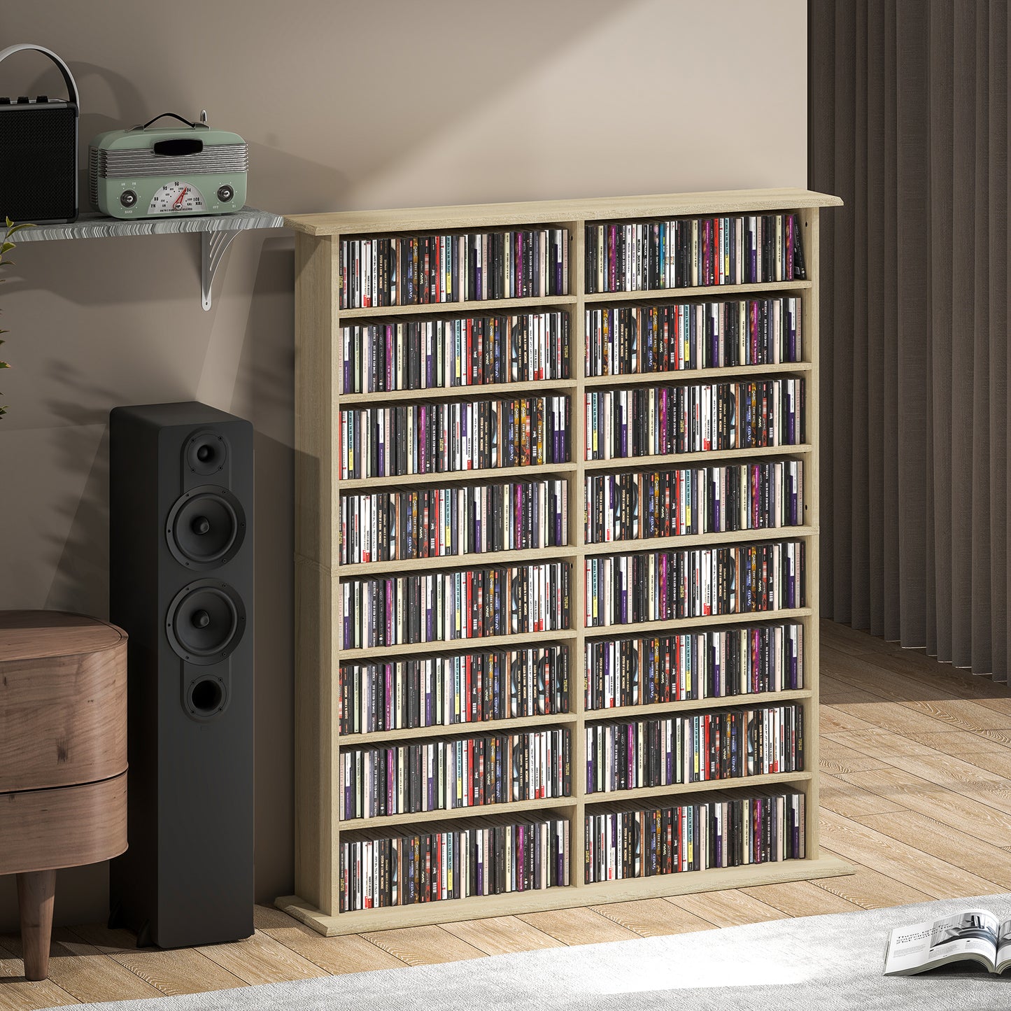 HOMCOM 16-Compartment Media Shelf - Nature Wood Finish