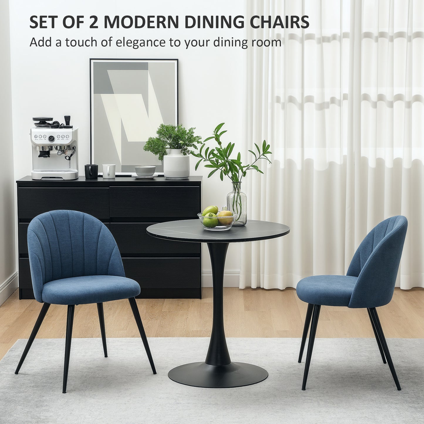 HOMCOM Velvet Dining Chairs Set of 2, Modern Upholstered Kitchen Chairs with Metal Legs, Shell Backrest and Padded Seat for Dining Room, Bedroom, Living Room, Vanity, Blue