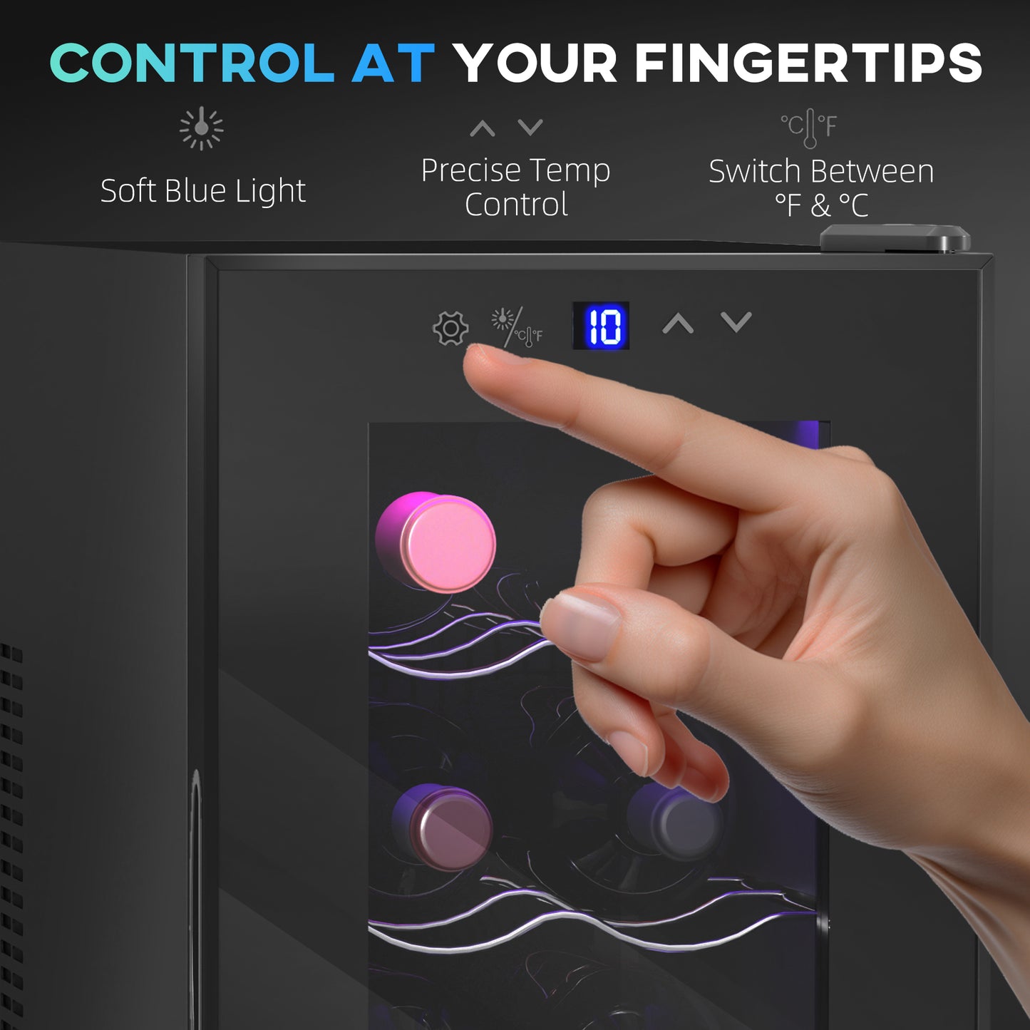 HOMCOM Mini Table Top Wine Fridge, 8 Bottle, 17L, 8-18℃, 26.5cm Quiet Under Counter Wine Cooler Fridge with Glass Door, LED Light, Digital Touch Screen, Temperature Control
