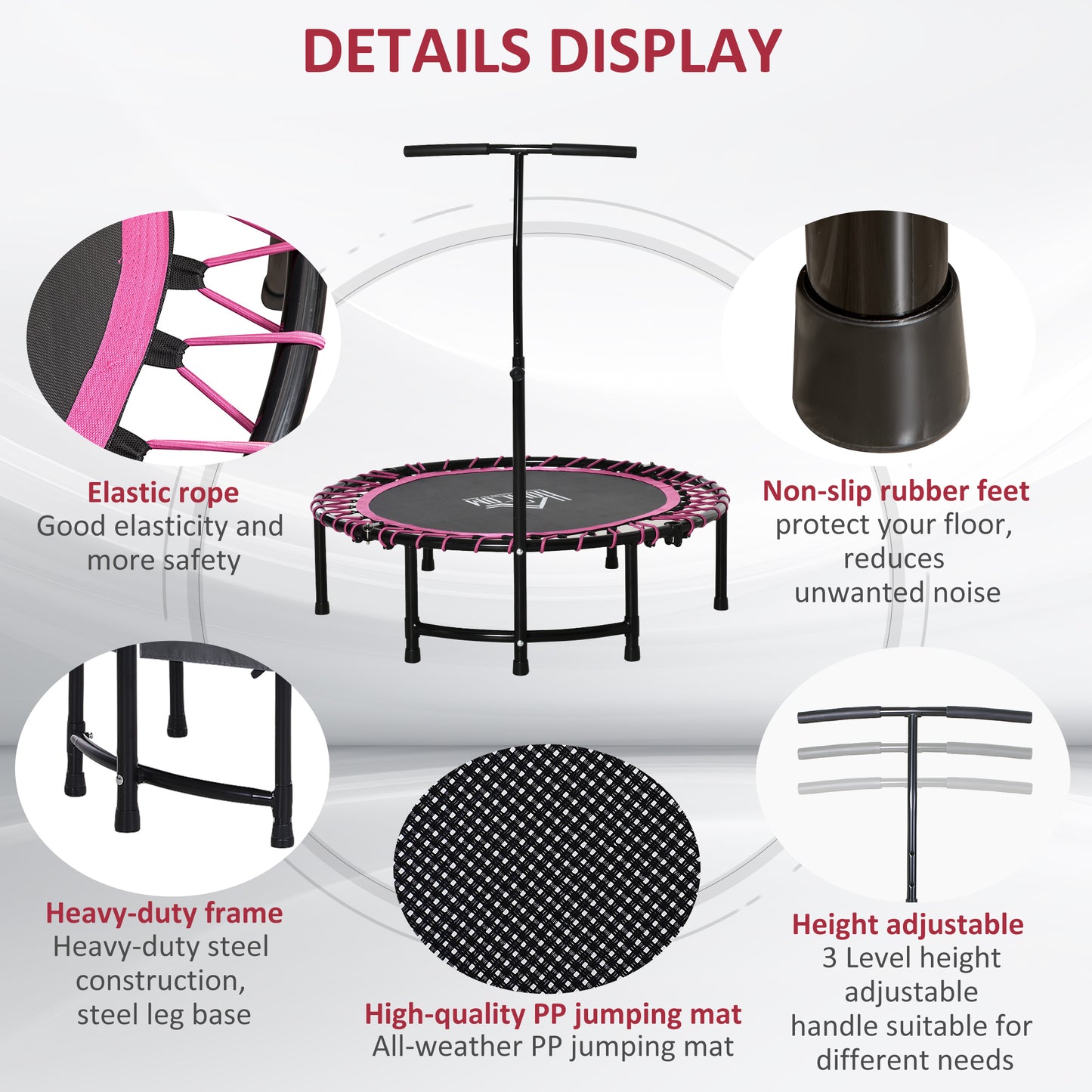 HOMCOM Mini Round Steel Frame Trampoline w/ Adjustable Handle, Pink