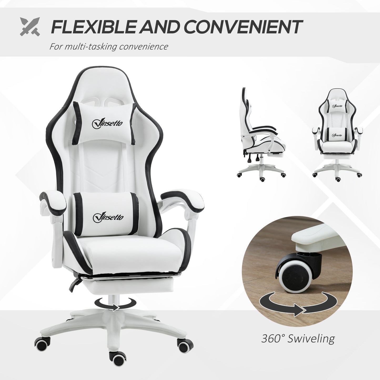 Vinsetto Computer Gaming Chair, PU Leather Office Desk Chair with Footrest, Swivel Wheels, 135° Reclining Back, Lumbar Support, Headrest for Home, White and Black
