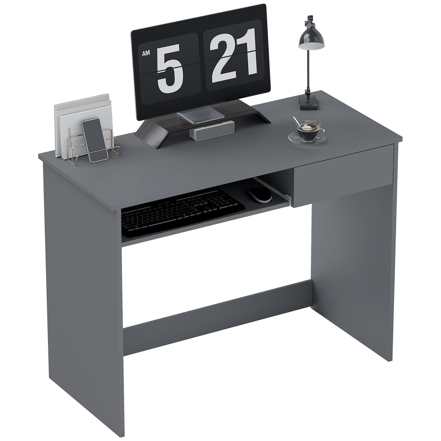 HOMCOM 100cm Compact Computer Desk with Keyboard Tray, Home Office Desk with Drawer for Bedroom Study, Grey