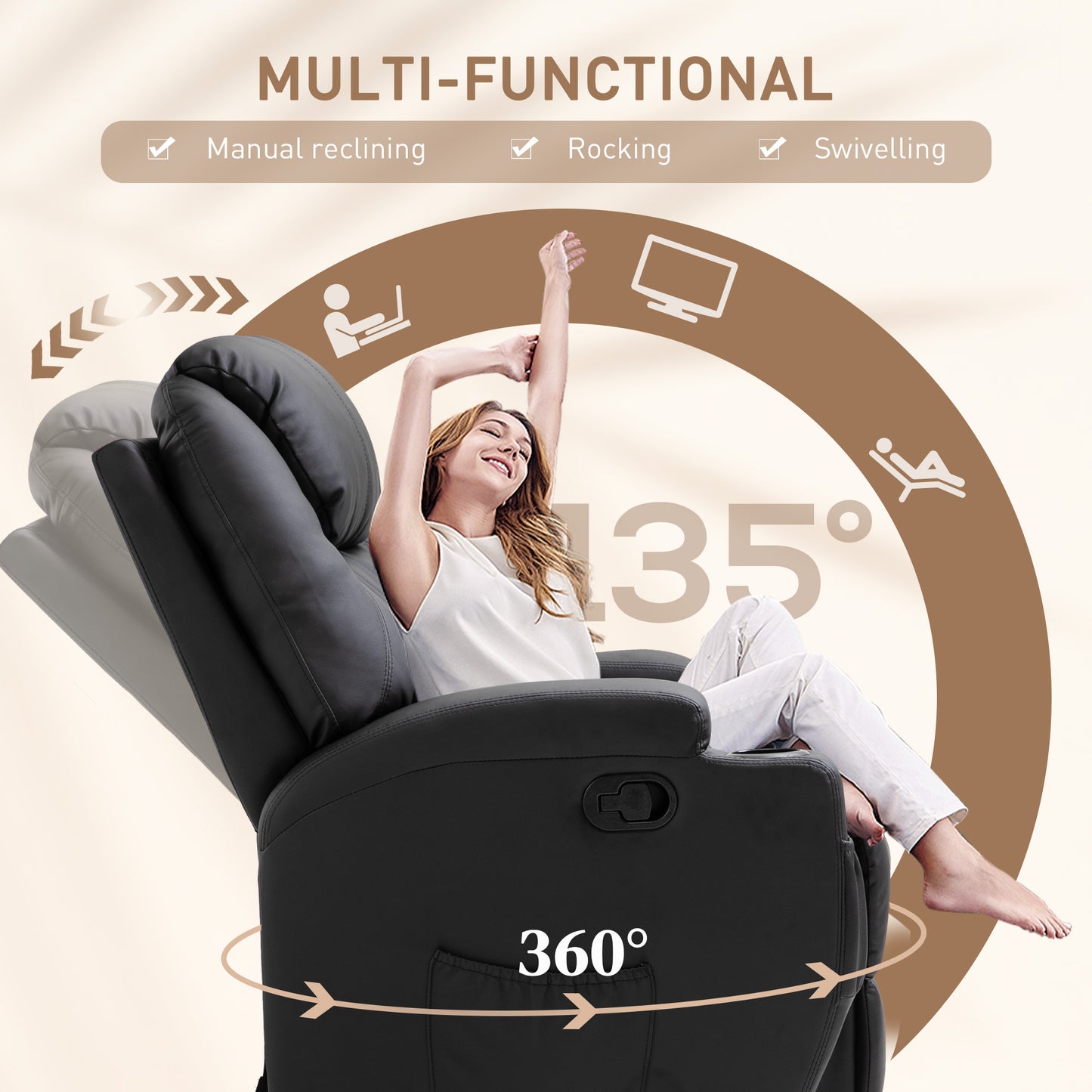 HOMCOM Recliner Chair, Recliner Massage Rocker Chair with 360° Rotate, 165° Reclining Function, Adjustable Footrest, Swivel Armchair Single Sofa for Living Room with Drink Holders, Side Pockets, Black