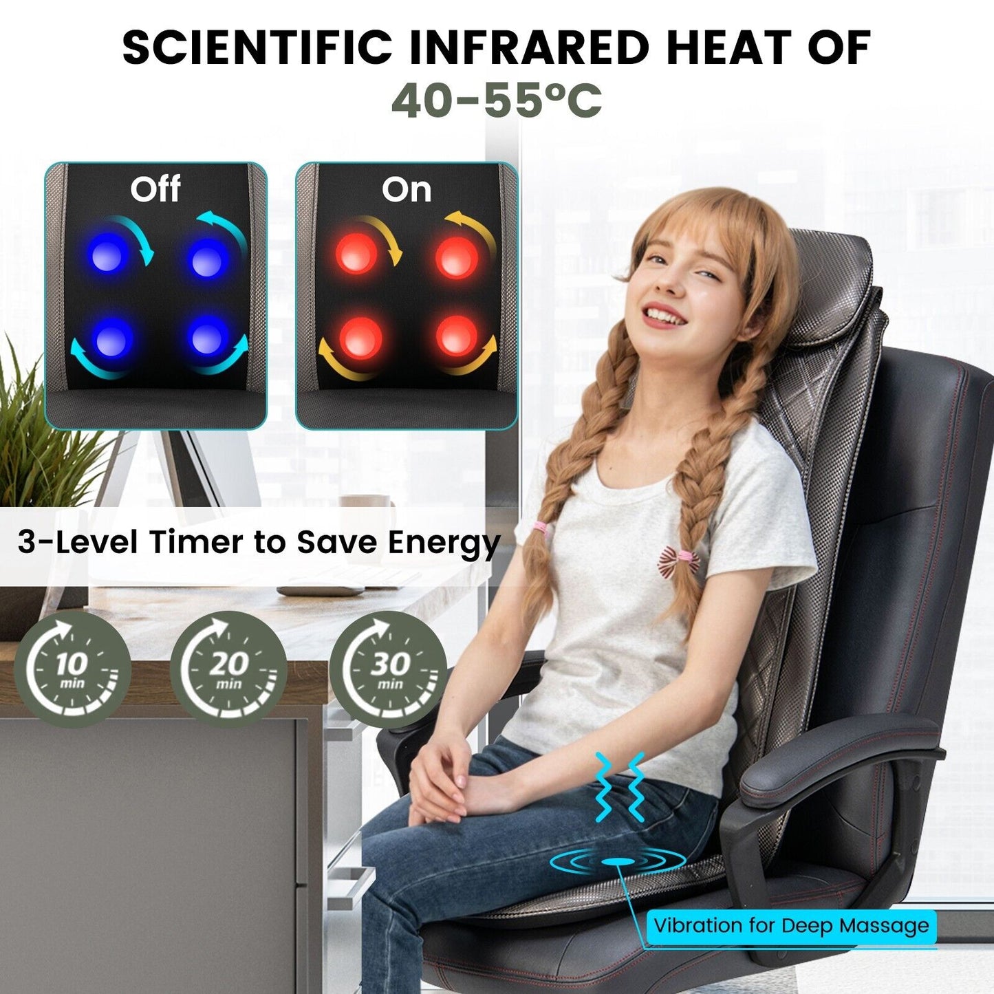 Back Massager with Heat Vibration and Removable Neck Pillow-Black