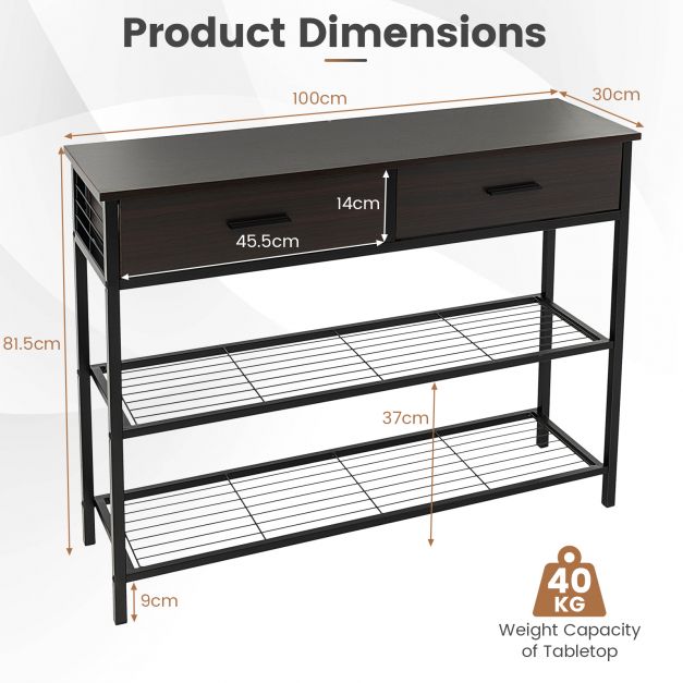 Entryway Console Table with 2 Drawers and 2-Tier Shelves-Brown