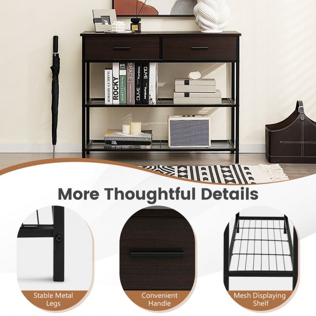 Entryway Console Table with 2 Drawers and 2-Tier Shelves-Brown