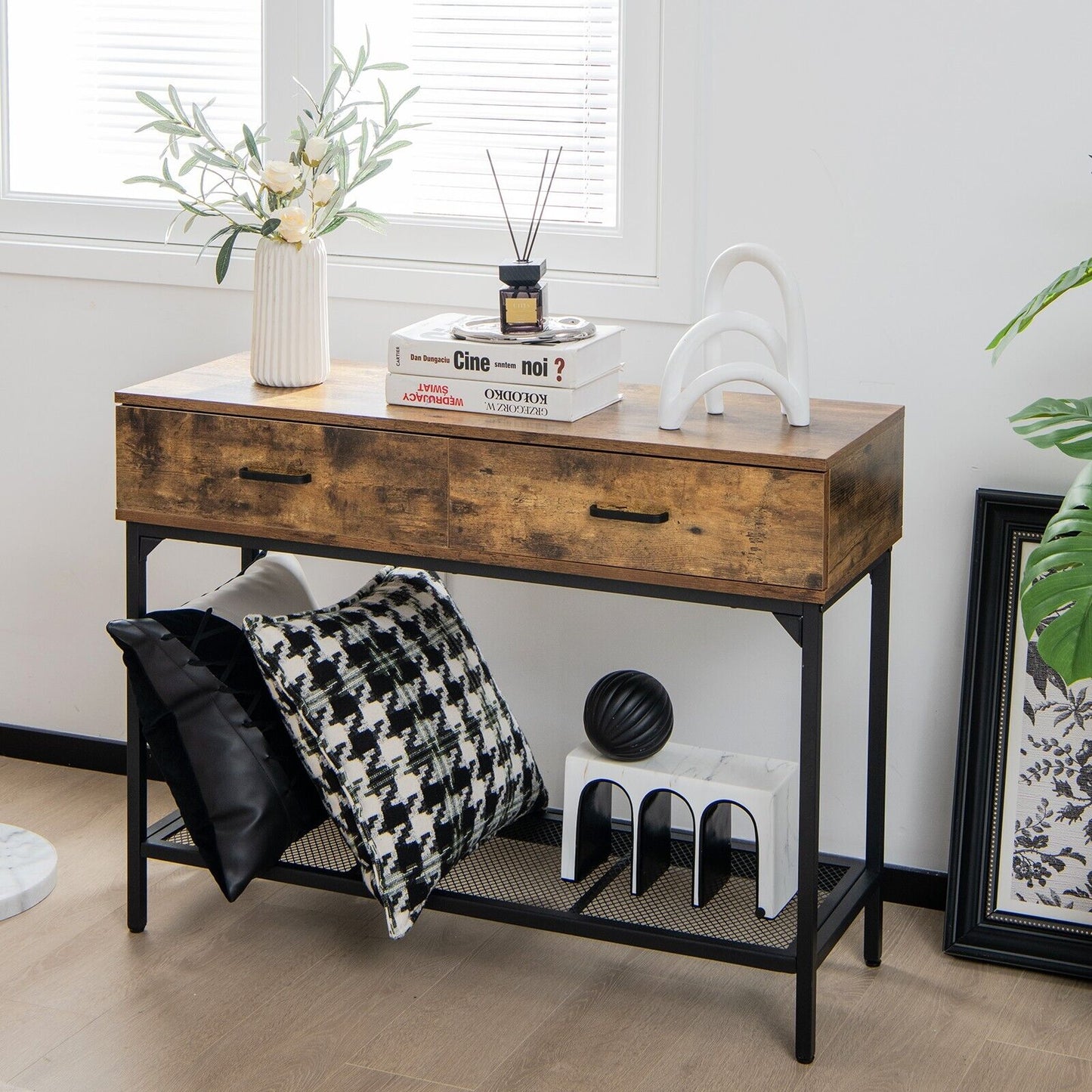 Industrial Console Table with 2 Drawers and Open Storage Shelf-Rustic Brown