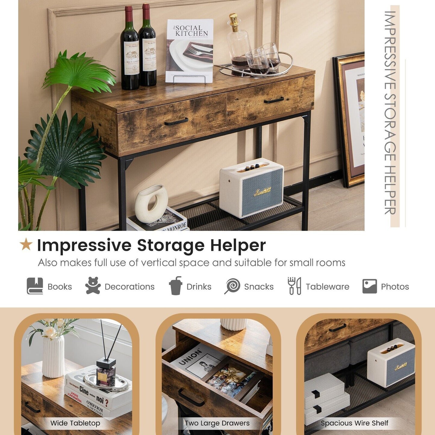 Industrial Console Table with 2 Drawers and Open Storage Shelf-Rustic Brown