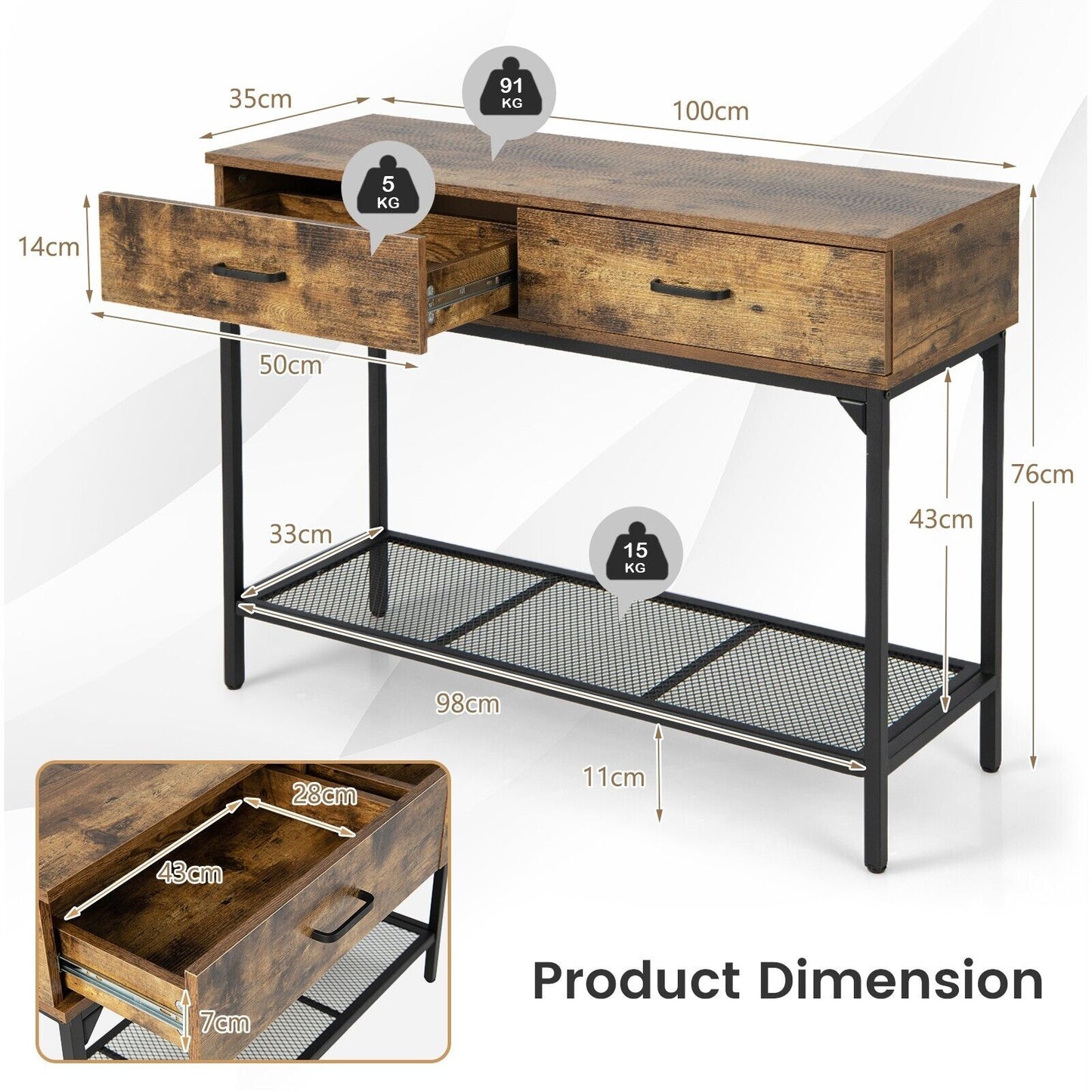 Industrial Console Table with 2 Drawers and Open Storage Shelf-Rustic Brown