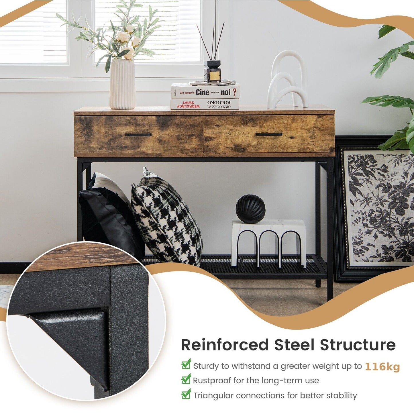 Industrial Console Table with 2 Drawers and Open Storage Shelf-Rustic Brown