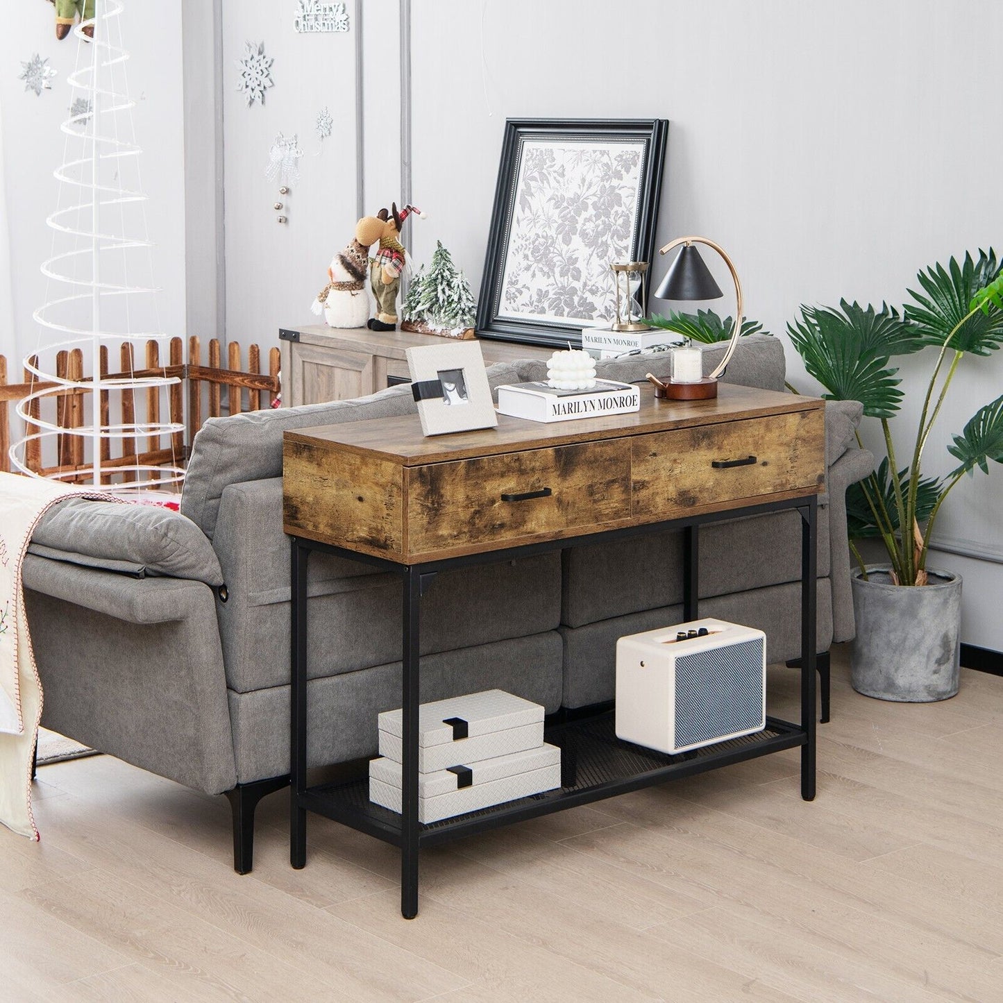 Industrial Console Table with 2 Drawers and Open Storage Shelf-Rustic Brown