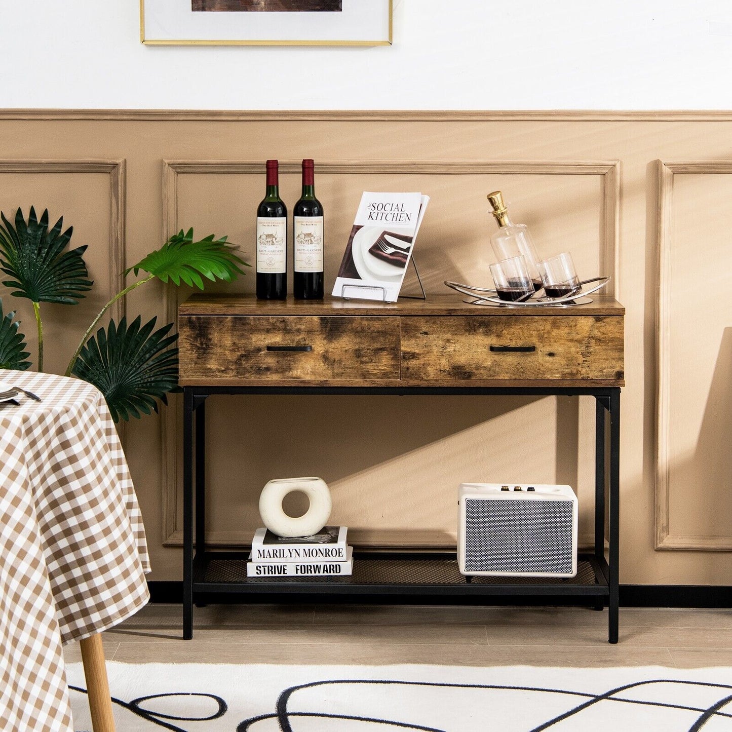 Industrial Console Table with 2 Drawers and Open Storage Shelf-Rustic Brown