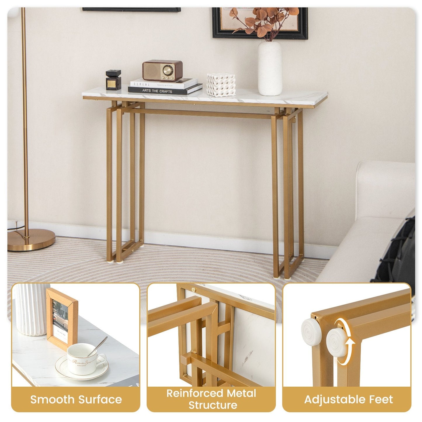 Modern Faux Marble Top Entryway Table with Heavy-duty Metal Frame-Golden