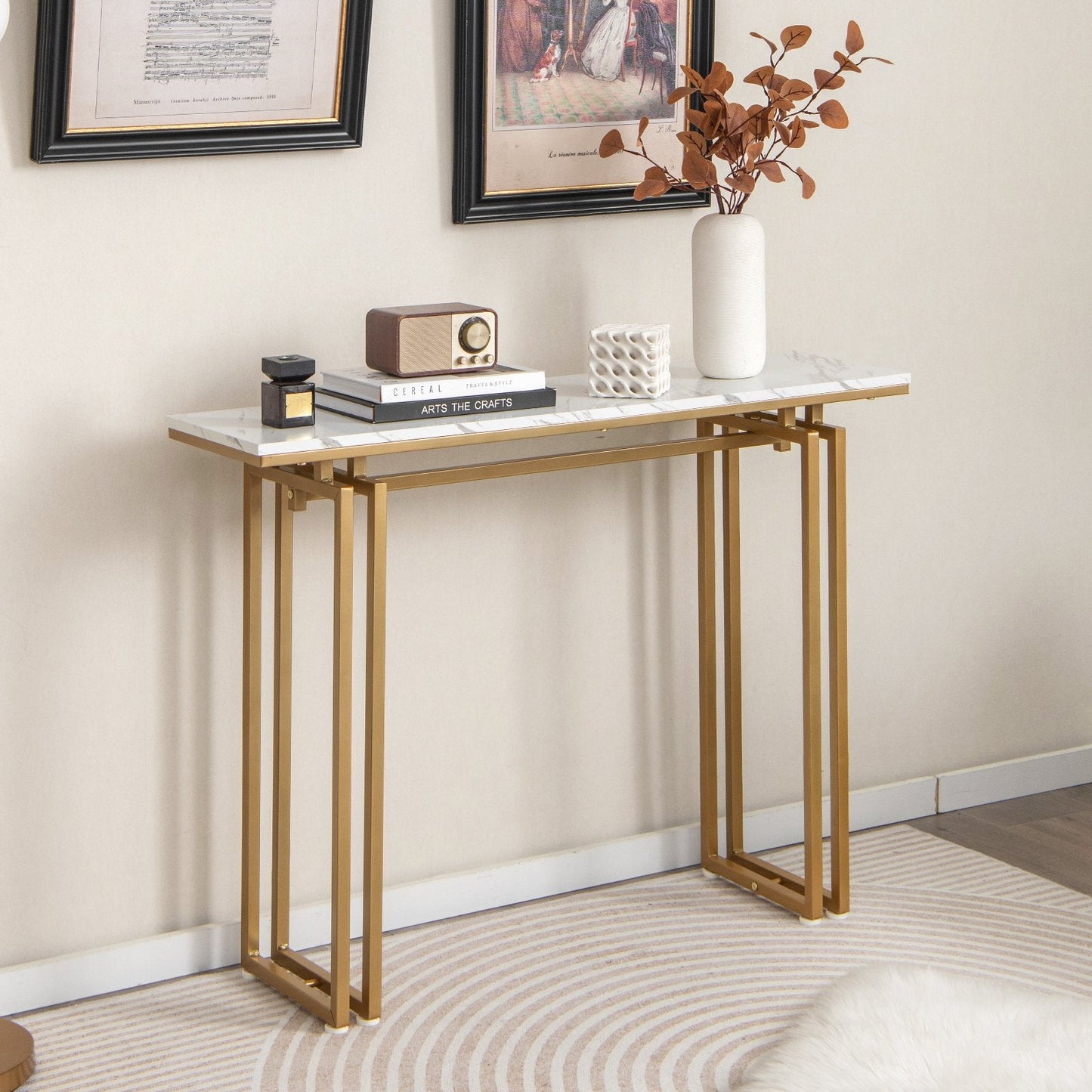 Modern Faux Marble Top Entryway Table with Heavy-duty Metal Frame-Golden