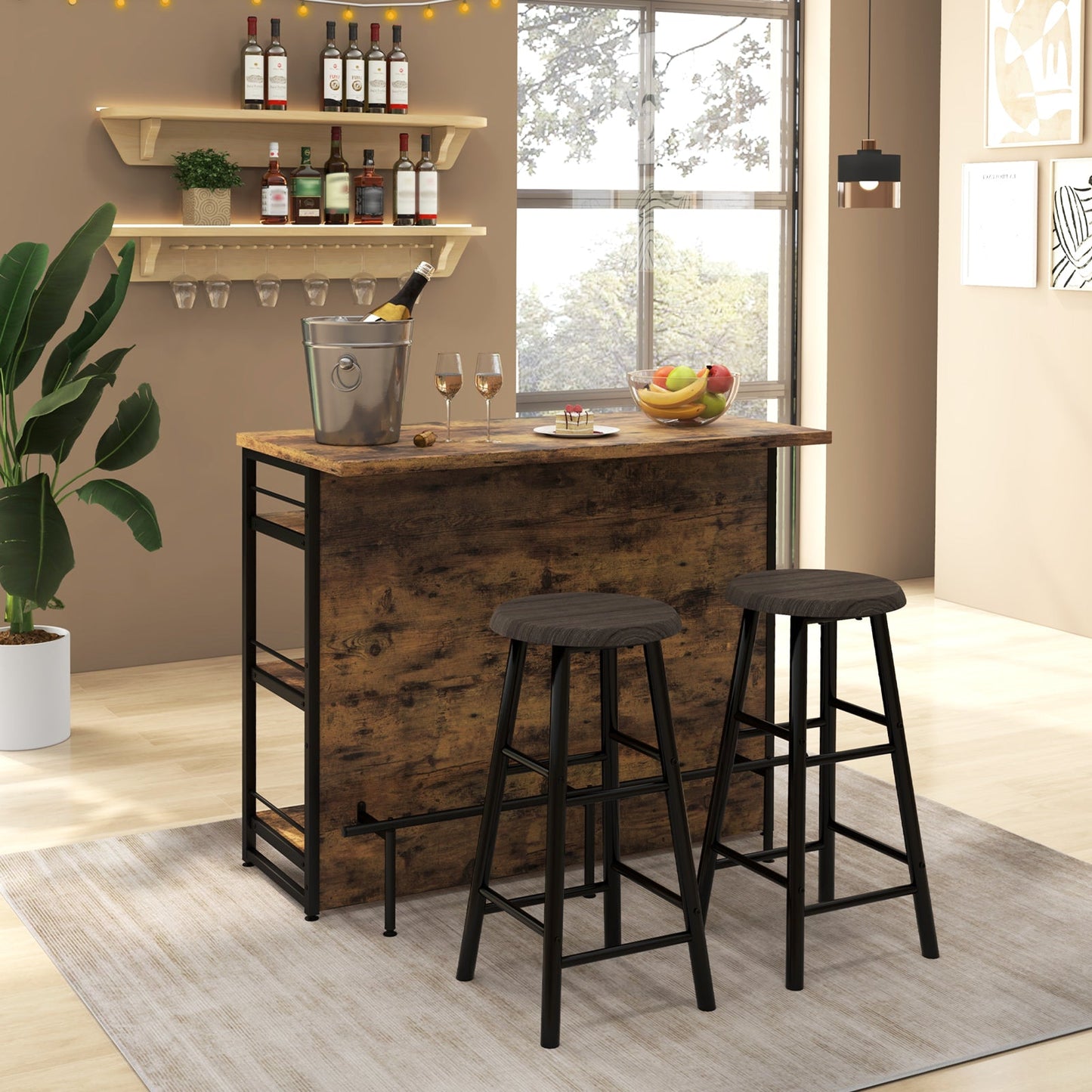 Industrial Home Bar Unit with 3 Open Shelves-Brown