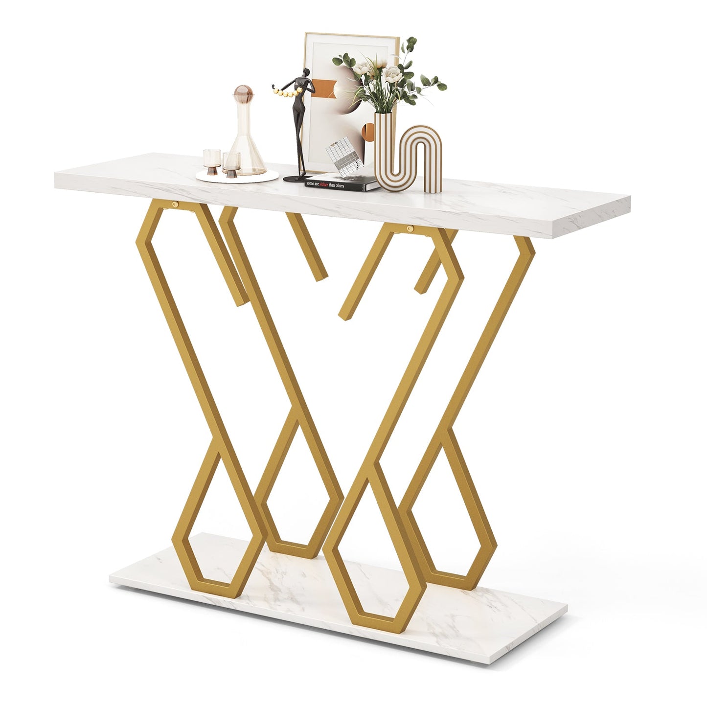 Faux Marble Console Table with Adjustable Foot Pads-White