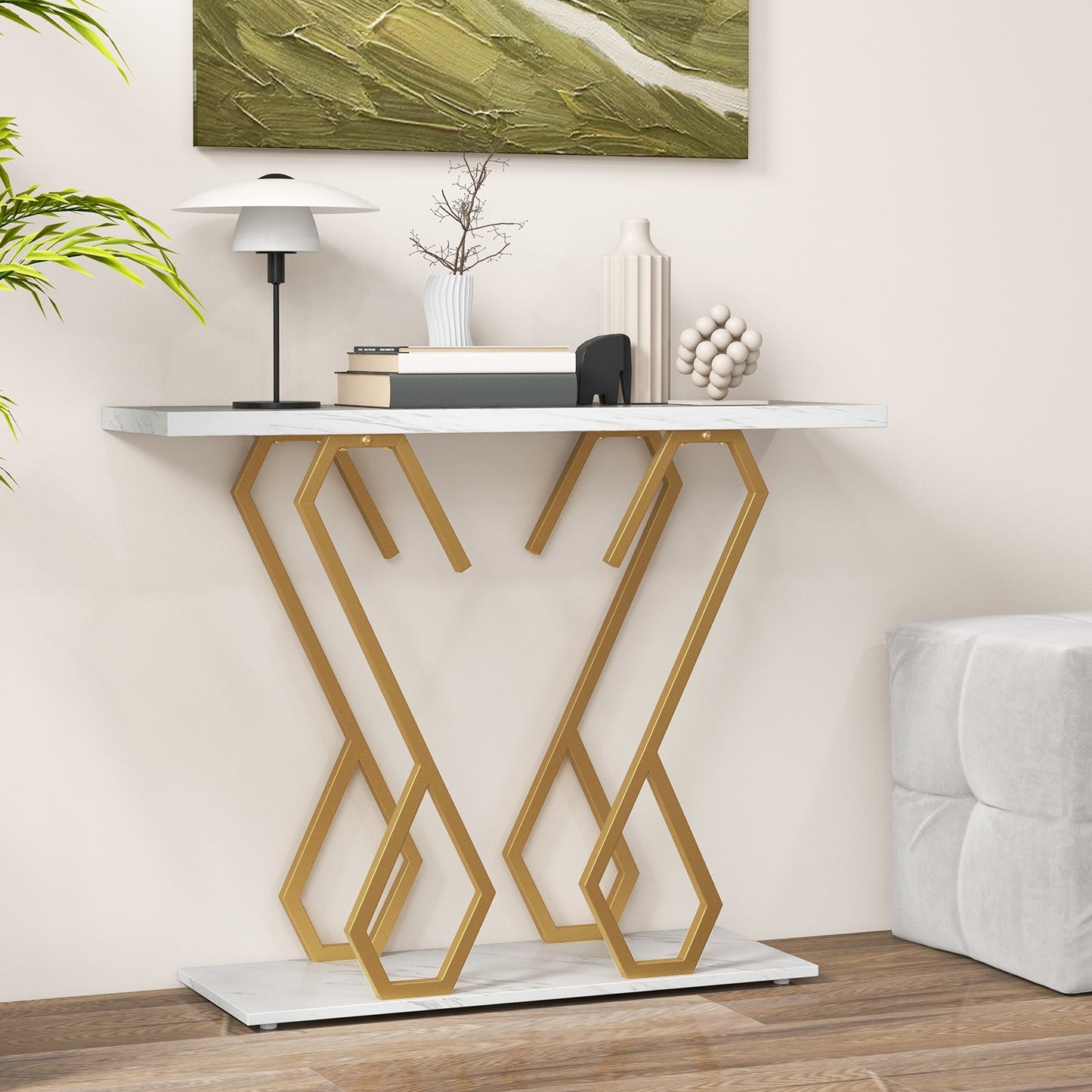 Faux Marble Console Table with Adjustable Foot Pads-White