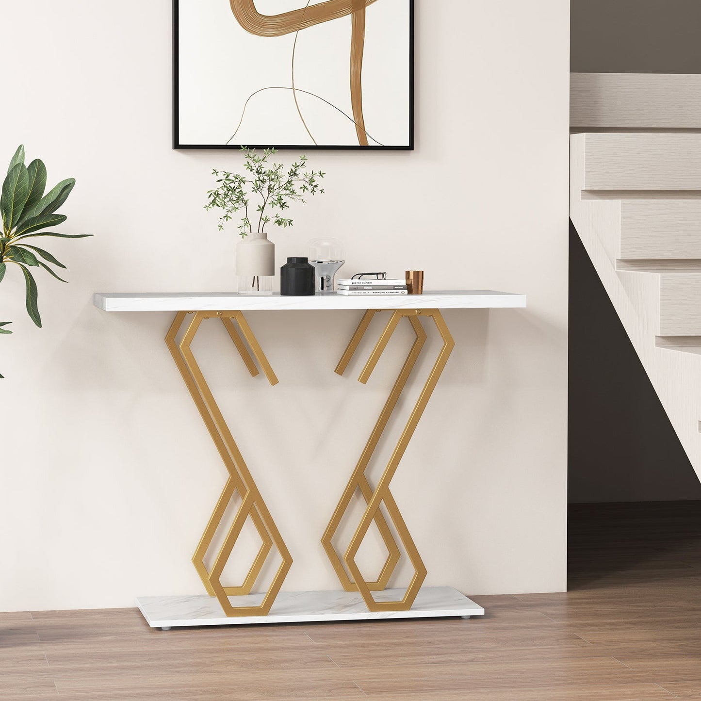 Faux Marble Console Table with Adjustable Foot Pads-White