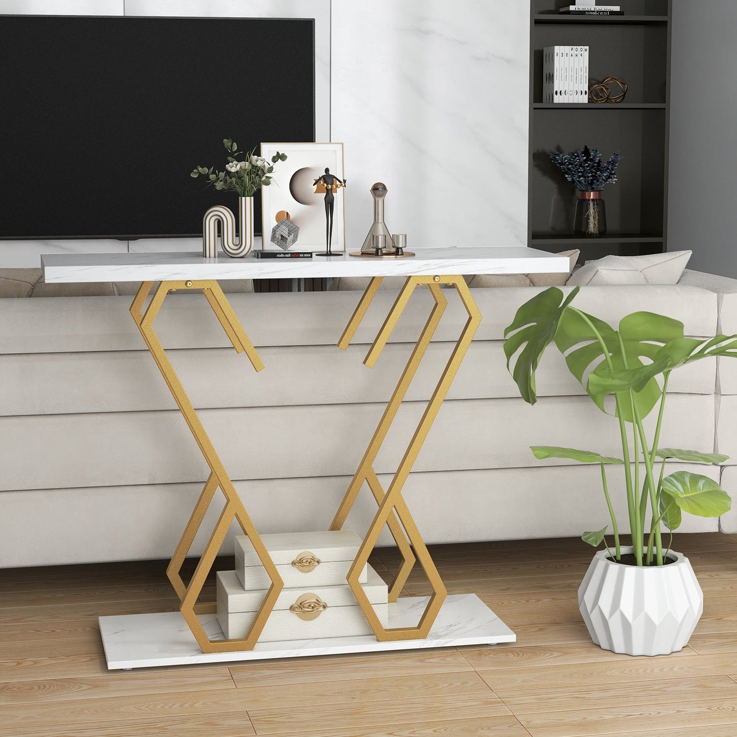 Faux Marble Console Table with Adjustable Foot Pads-White