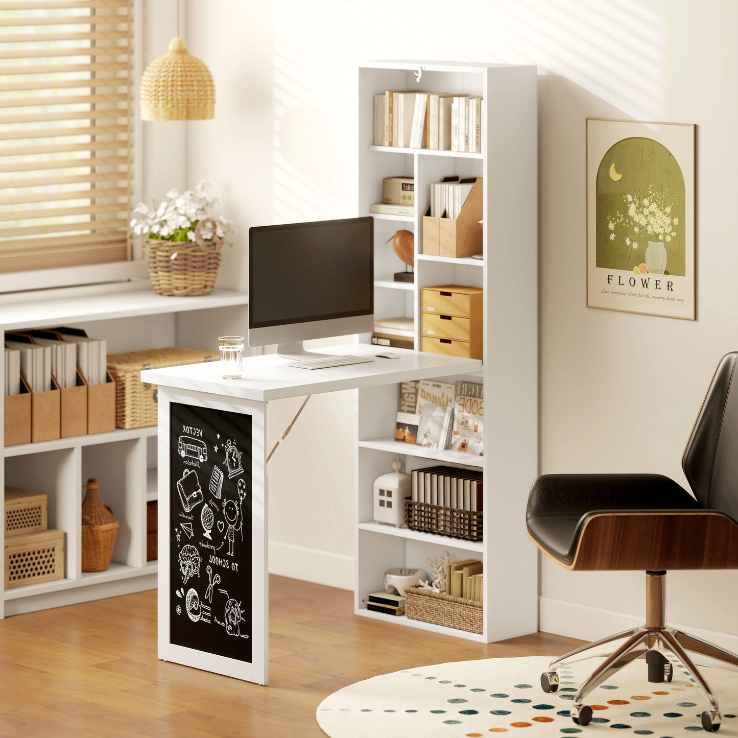 HOMCOM Wall Mounted Computer Desk, Folding Study Table with Black Board and Bookshelf, Multifunctional Floating Writing Desk for Home Office, White