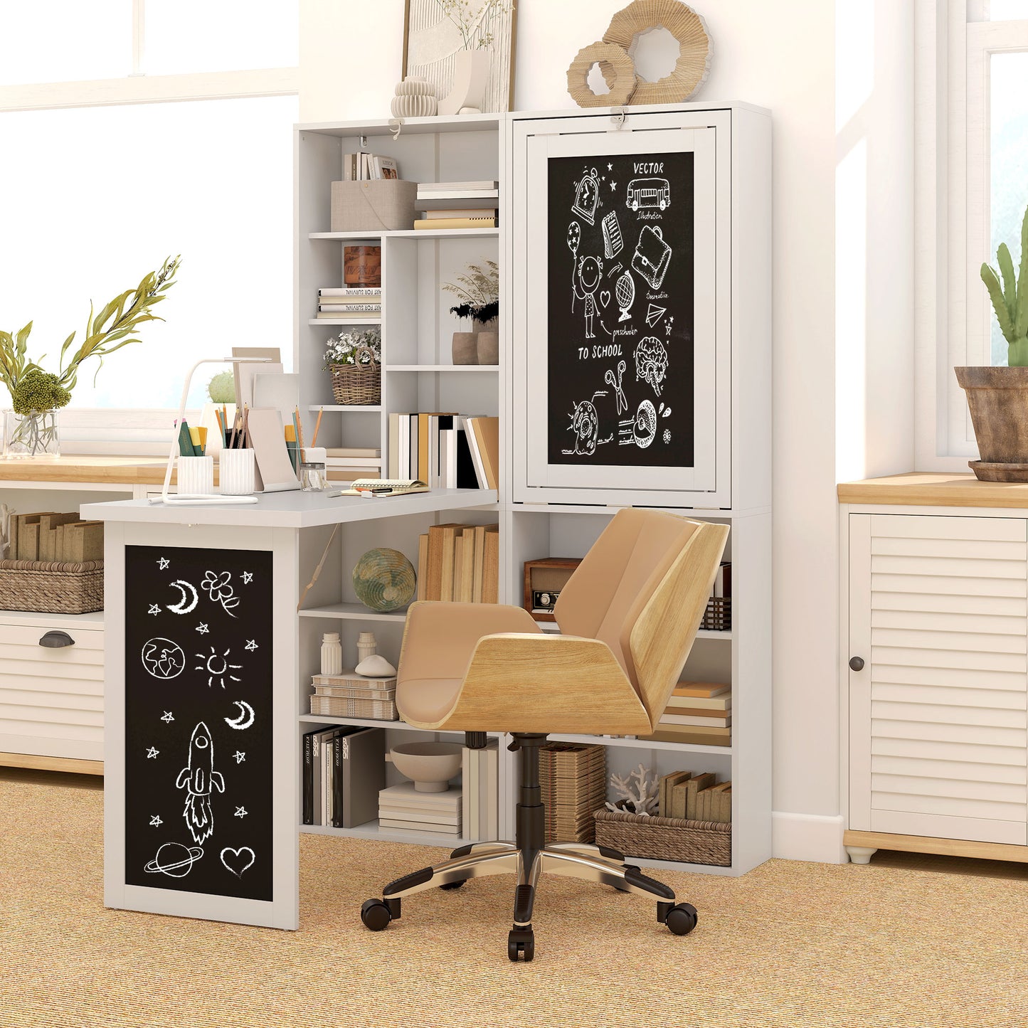 HOMCOM Wall Mounted Computer Desk, Folding Study Table with Black Board and Bookshelf, Multifunctional Floating Writing Desk for Home Office, White