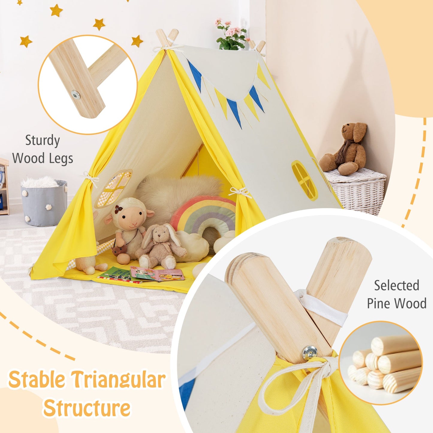 Kids Large Triangular Playhouse Tent with Selected Pine Wood Material-Yellow