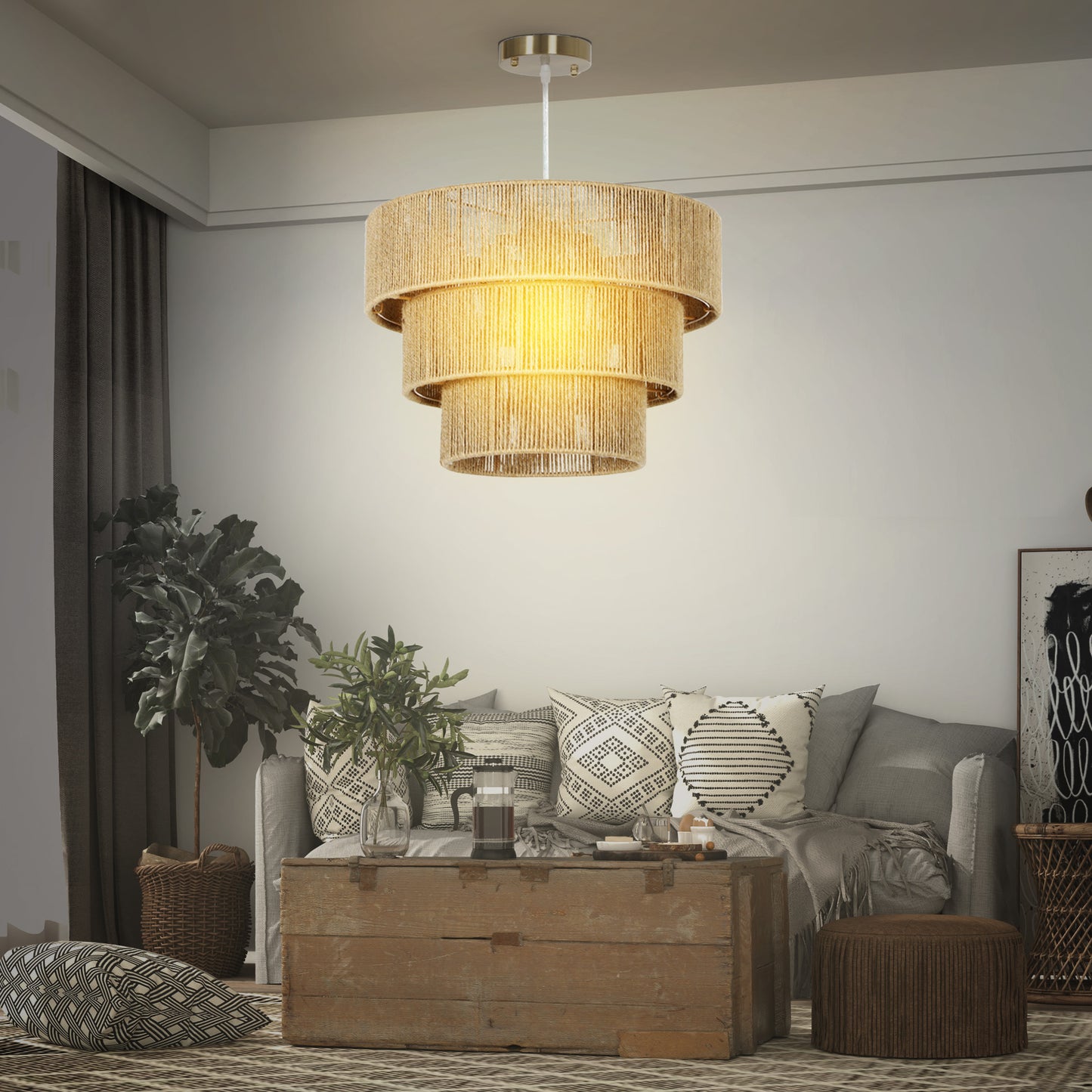 HOMCOM Hemp Rope Ceiling Light, 3-Layer Boho Pendant Light, E14 Vintage Ceiling Lamp Fixtures for Living Room, Bedroom, Kitchen, Hallway, Light Brown