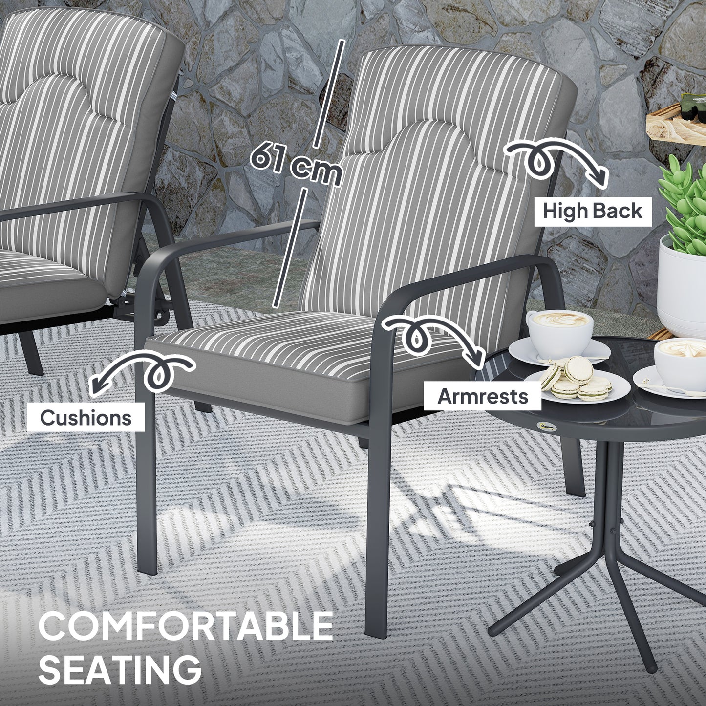 Outsunny 3-Piece Patio Bistro Set, 5-Position Adjustable Recliner Garden Chairs and Tempered Glass Table, Garden Furniture Set with Cushions, High Back, Armrests, Metal Frame for Balcony Patio, Grey