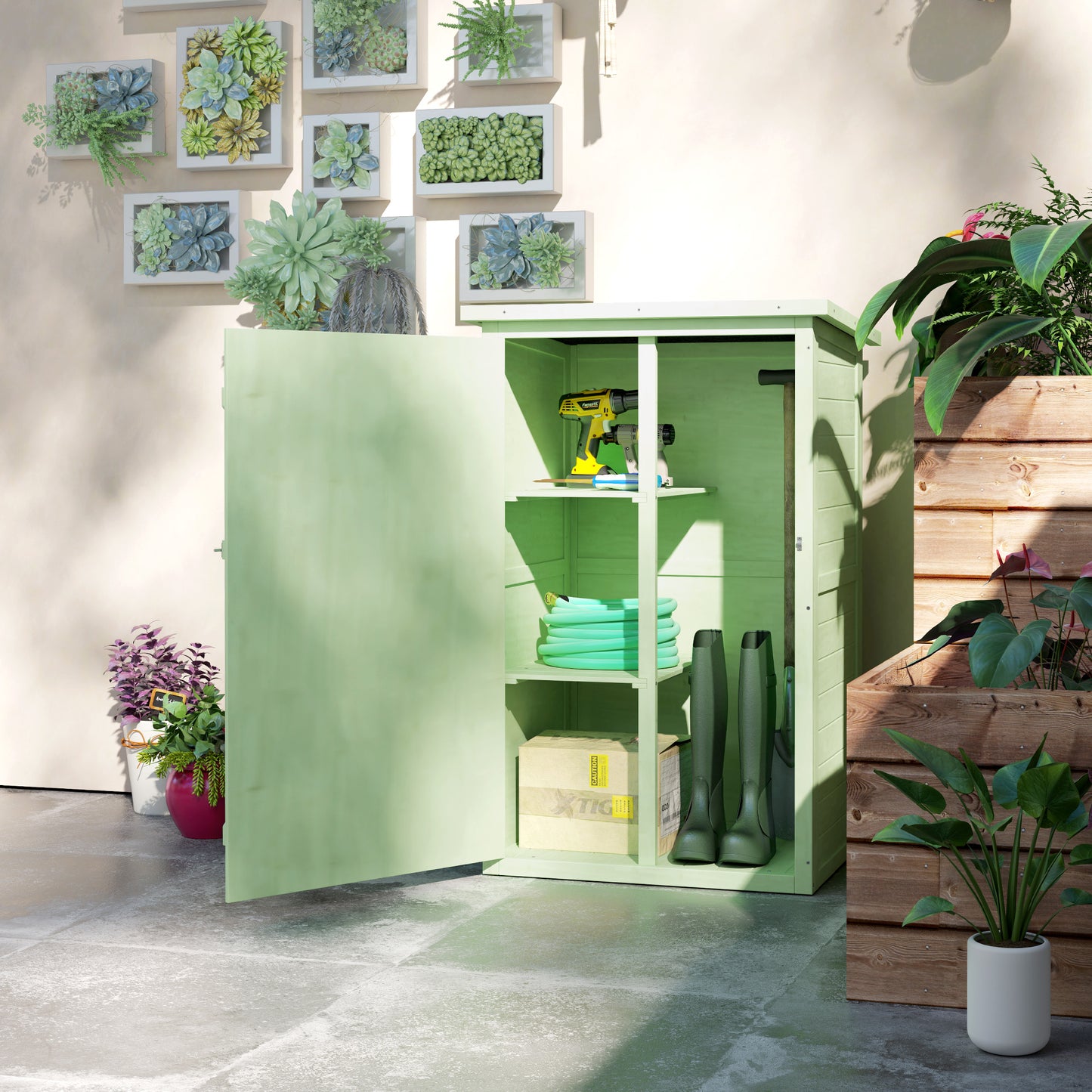 Outsunny Wooden Small Shed, Garden Storage Shed with Shelves and Bolt Latch, 75L x 56W x115H cm, Green