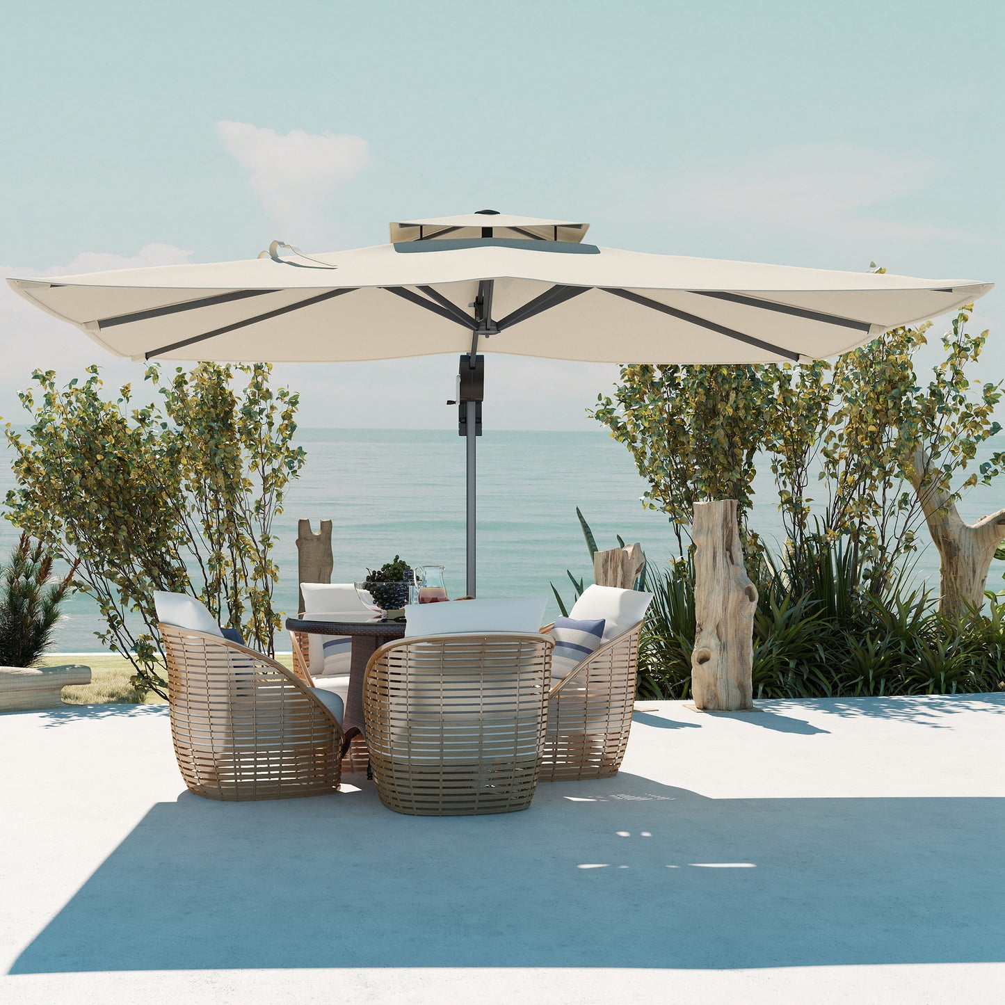 Outsunny 3.7 x 2.7 m Cantilever Parasol w/ 360° Rotation and Easy Tilt Adjustment, Aluminium Hanging Offset Outdoor Umbrella w/ Double Top and Cross Base, UPF50+ Hanging Sun Shade, Grey Wood Effect