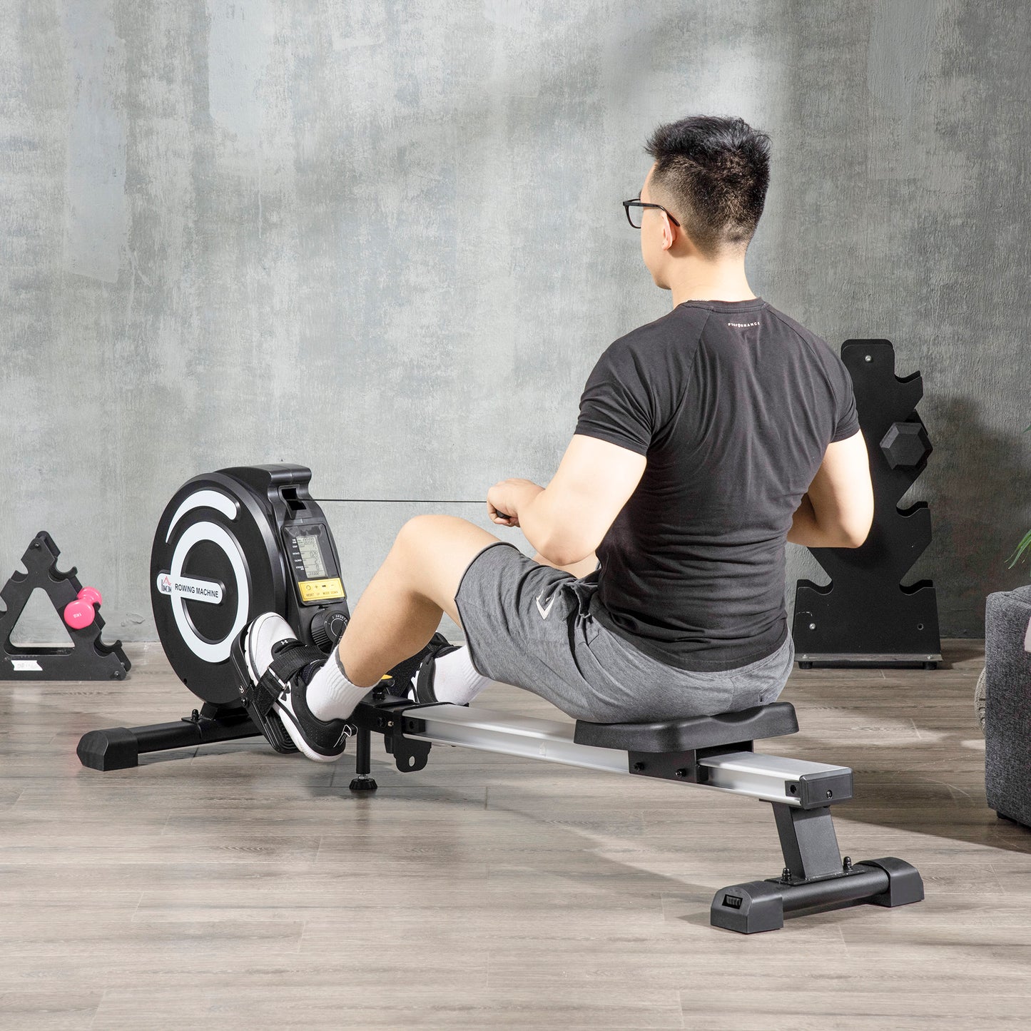 HOMCOM Folding Rowing Machine, Magnetic Rower Machine with 8 Levels Quiet Resistance, LCD Monitor, Wheels, Aluminium Slide Rail and Vertical Storage, for Home Gym Cardio Training