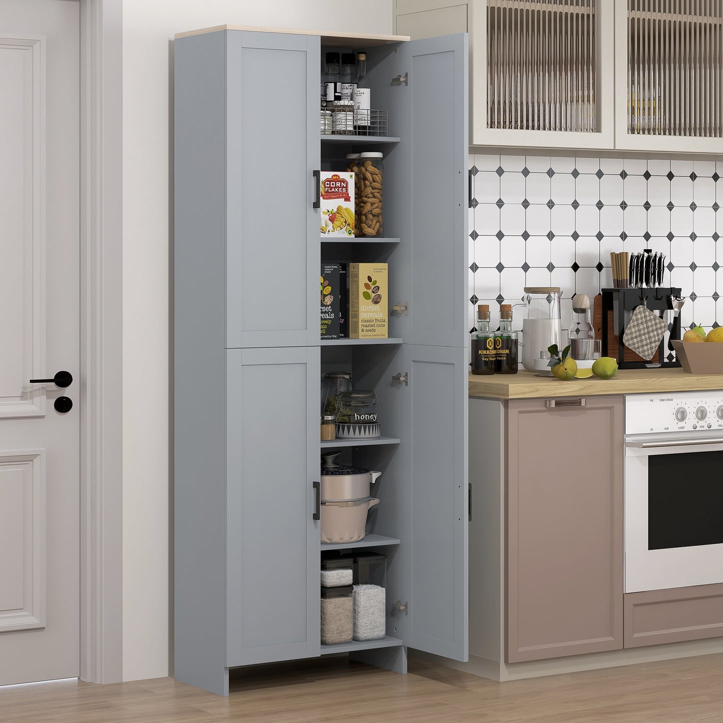 HOMCOM Freestanding Kitchen Cupboard, 4-Door Storage Cabinet with Adjustable Shelves, Modern Kitchen Pantry for Dining Room, 170cm, Grey