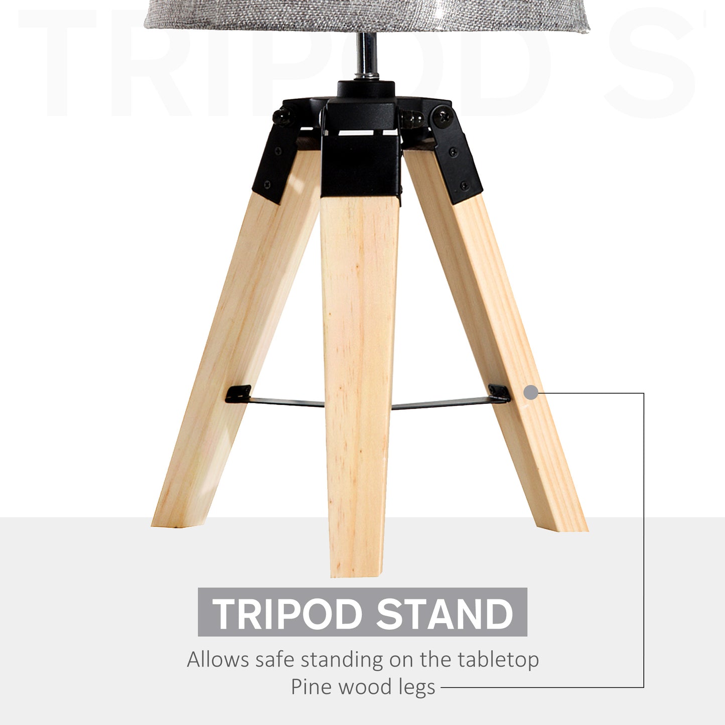 HOMCOM Wooden Tripod Table Lamp for Side, Desk or End Table with E27 Bulb Base(Grey Shade)