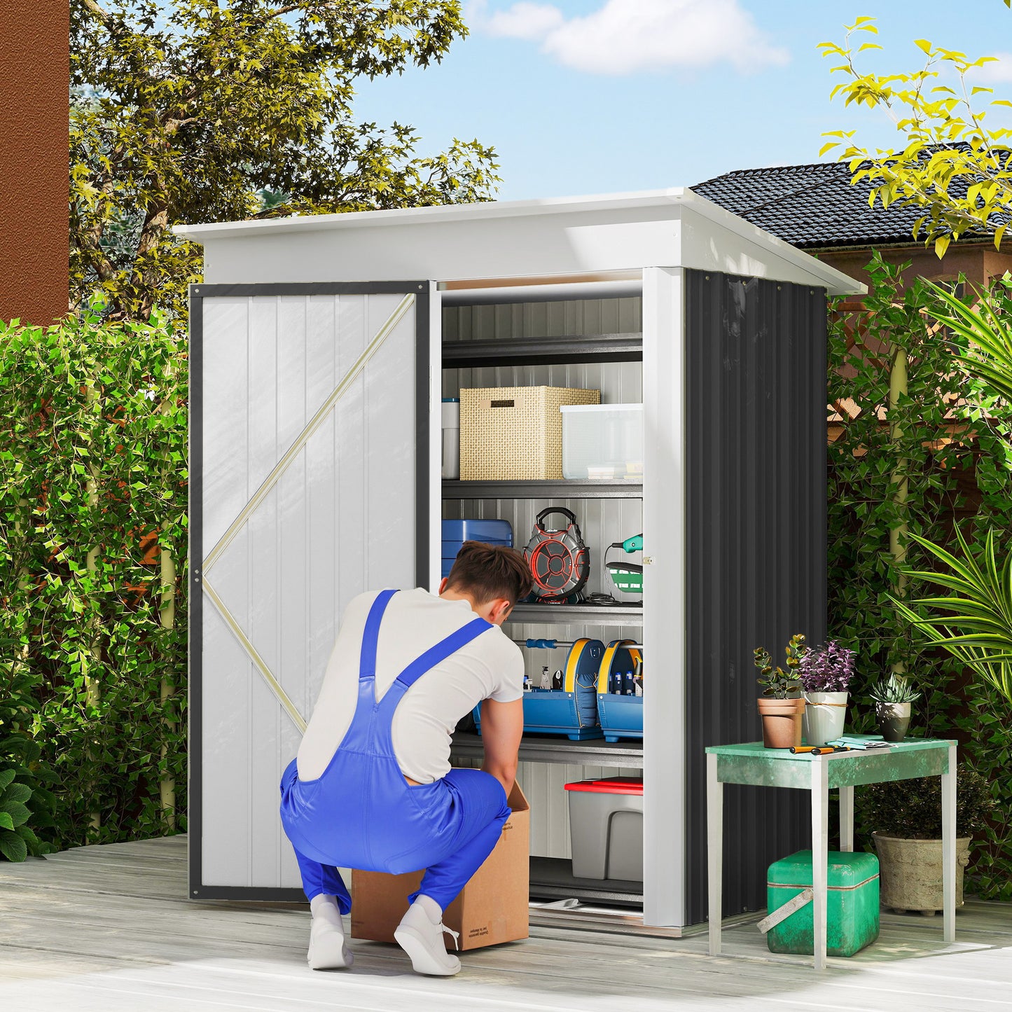 Outsunny Metal Garden Shed, Outdoor Lean-to Shed for Tool Motor Bike, with Adjustable Shelf, Lock, Gloves, 5'x3'x6', Dark Grey