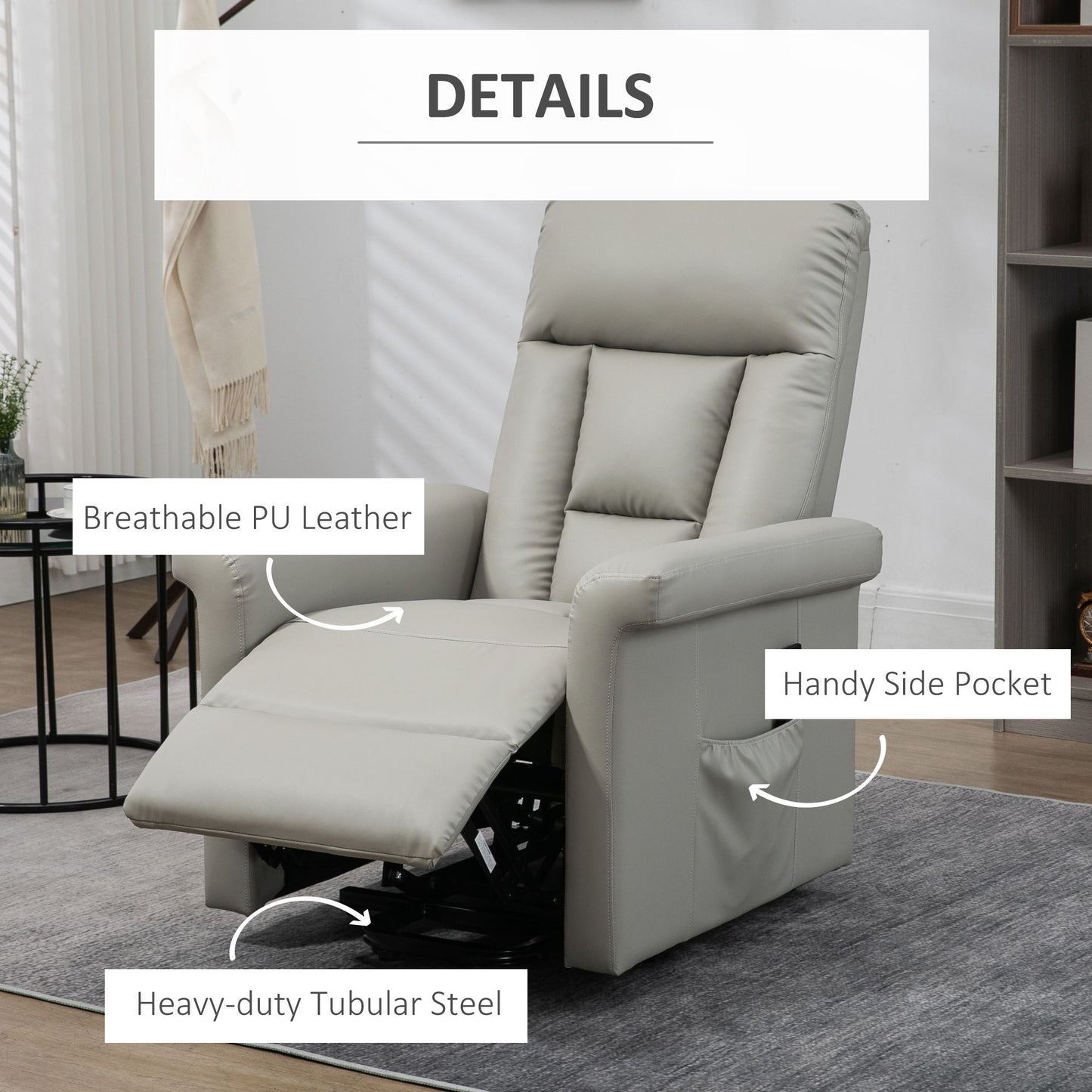 HOMCOM Power Lift Chair Armchair for the Elderly, PU Leather Recliner Chair with Extended Footrest, Remote Control and Side Pocket, Grey