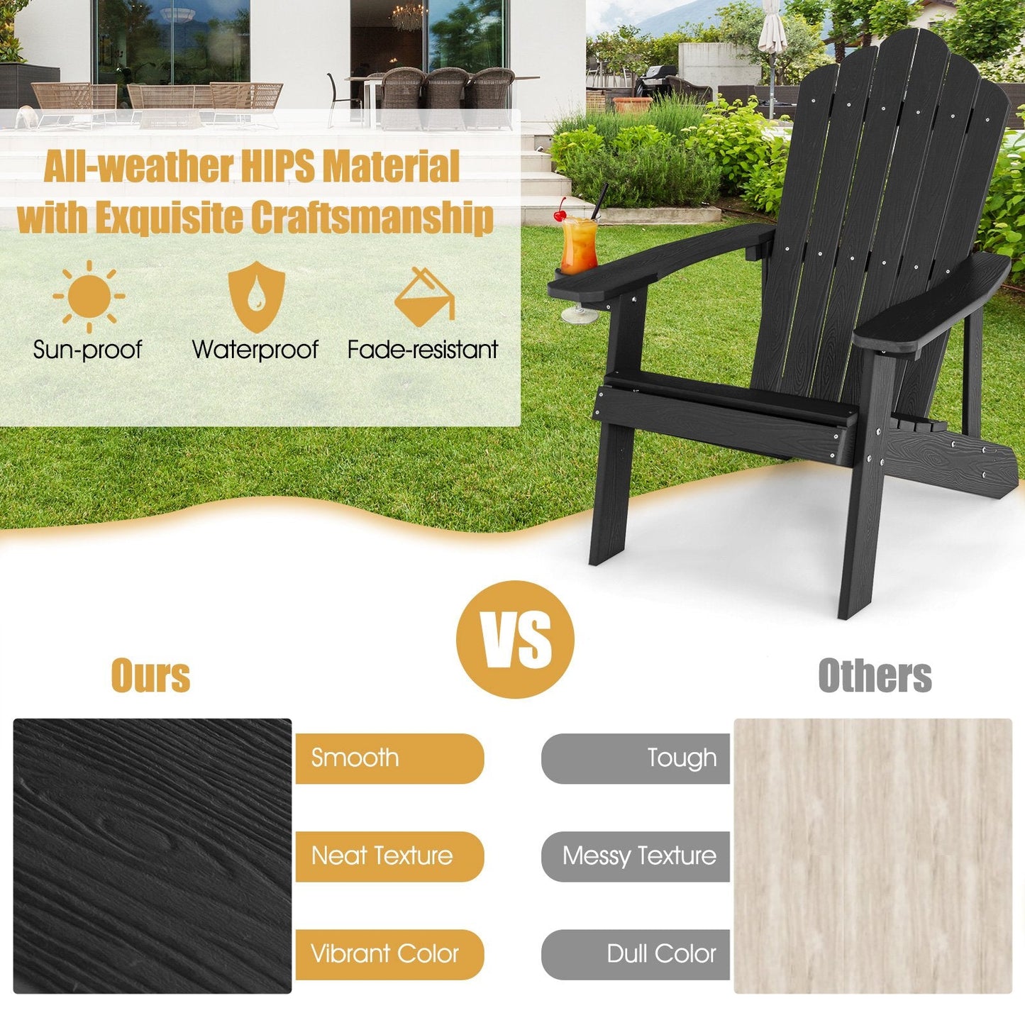 Adirondack Chair with Movable Cup Holder for Fire Pit Beach Deck -Black