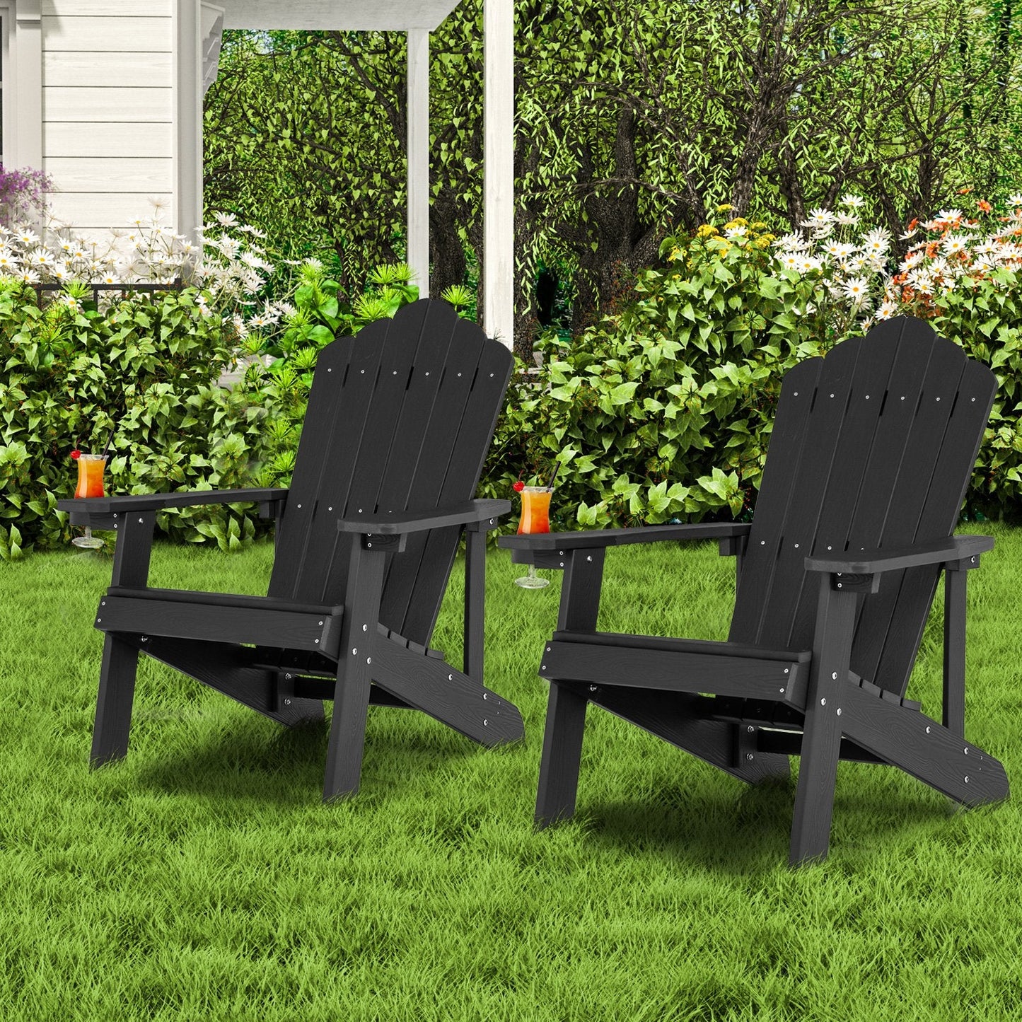 Adirondack Chair with Movable Cup Holder for Fire Pit Beach Deck -Black