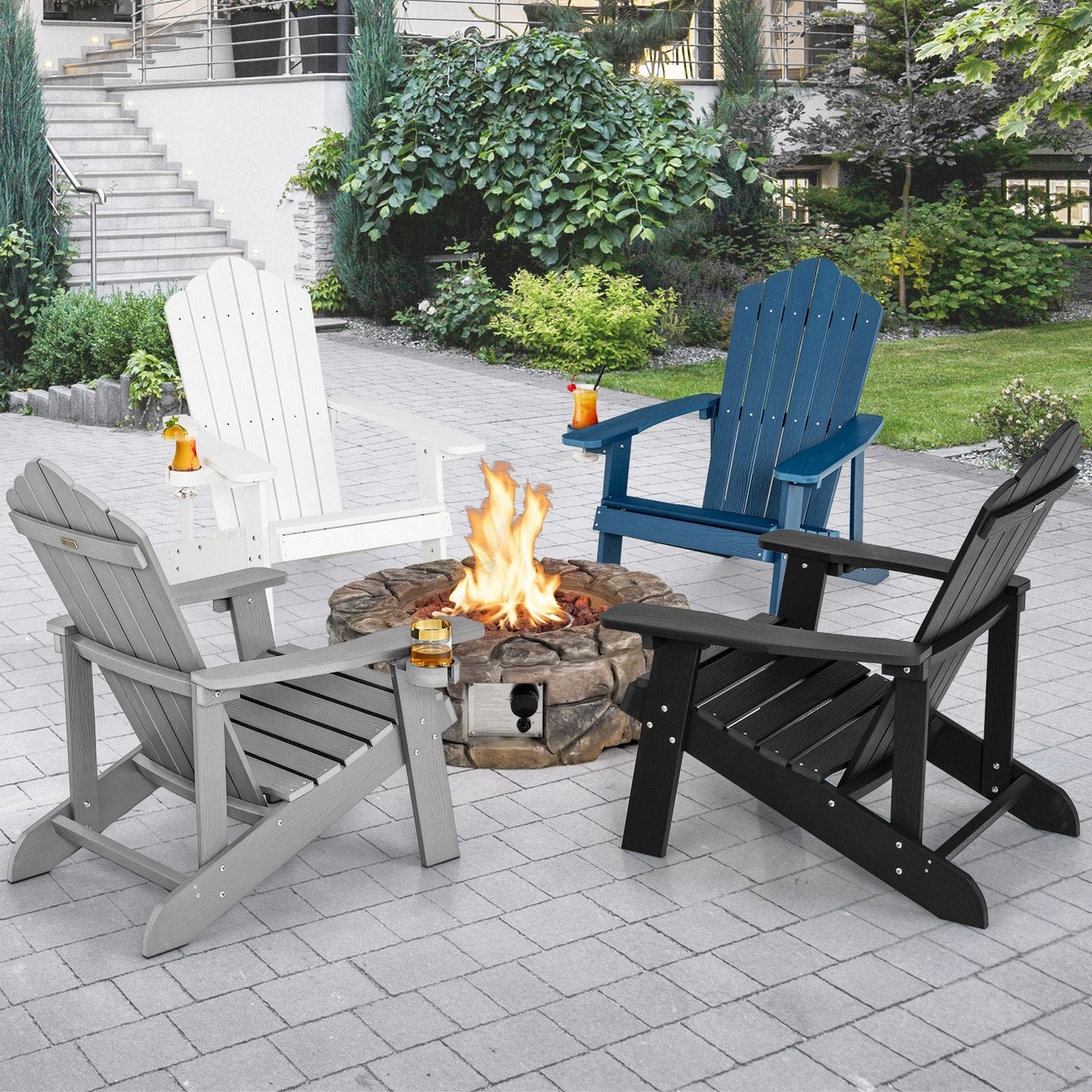Adirondack Chair with Movable Cup Holder for Fire Pit Beach Deck -Black