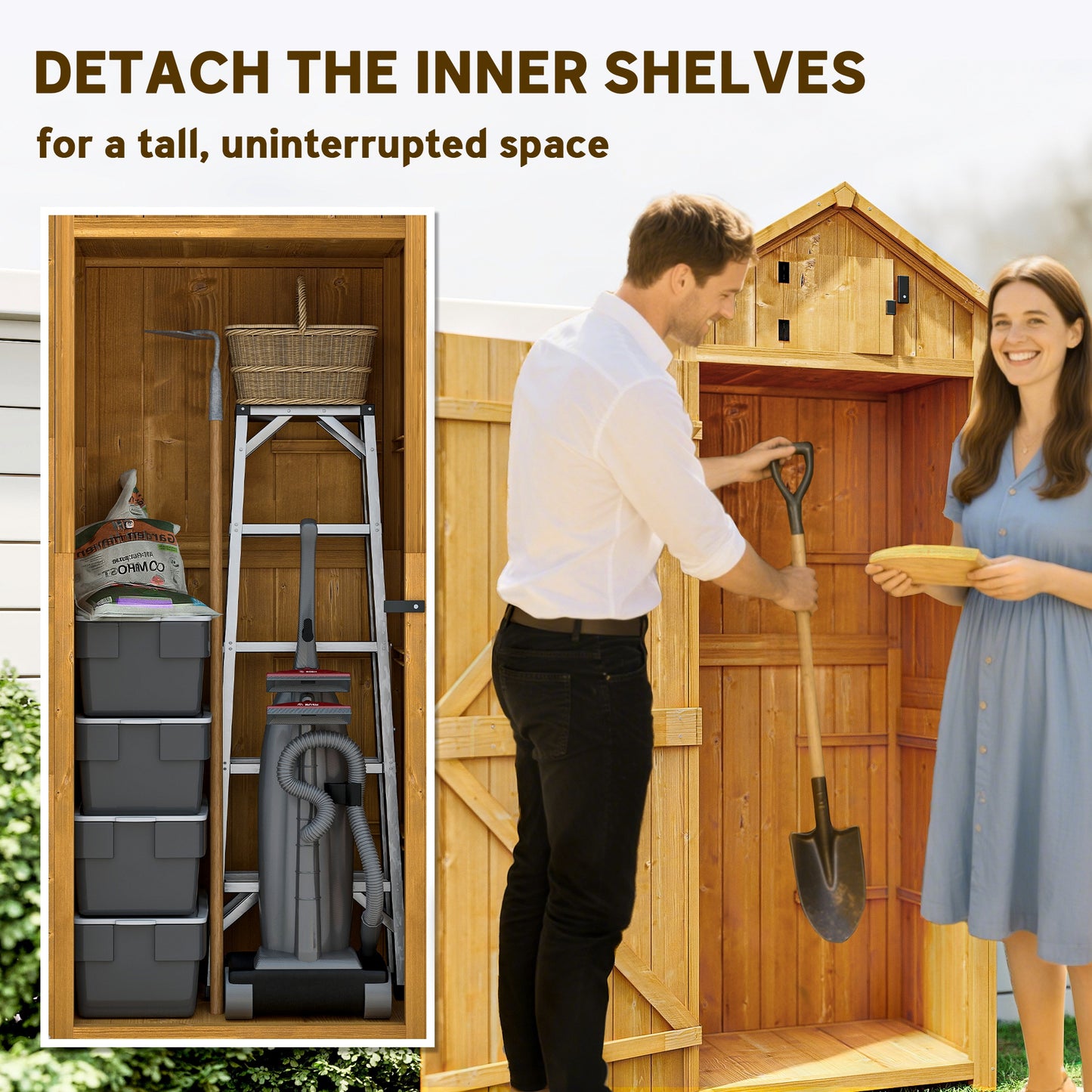 Outsunny Garden Shed Vertical Utility 3 Shelves Shed Wood Outdoor Garden Tool Storage Unit Storage Cabinet, 77 x 54.2 x 179cm - Brown