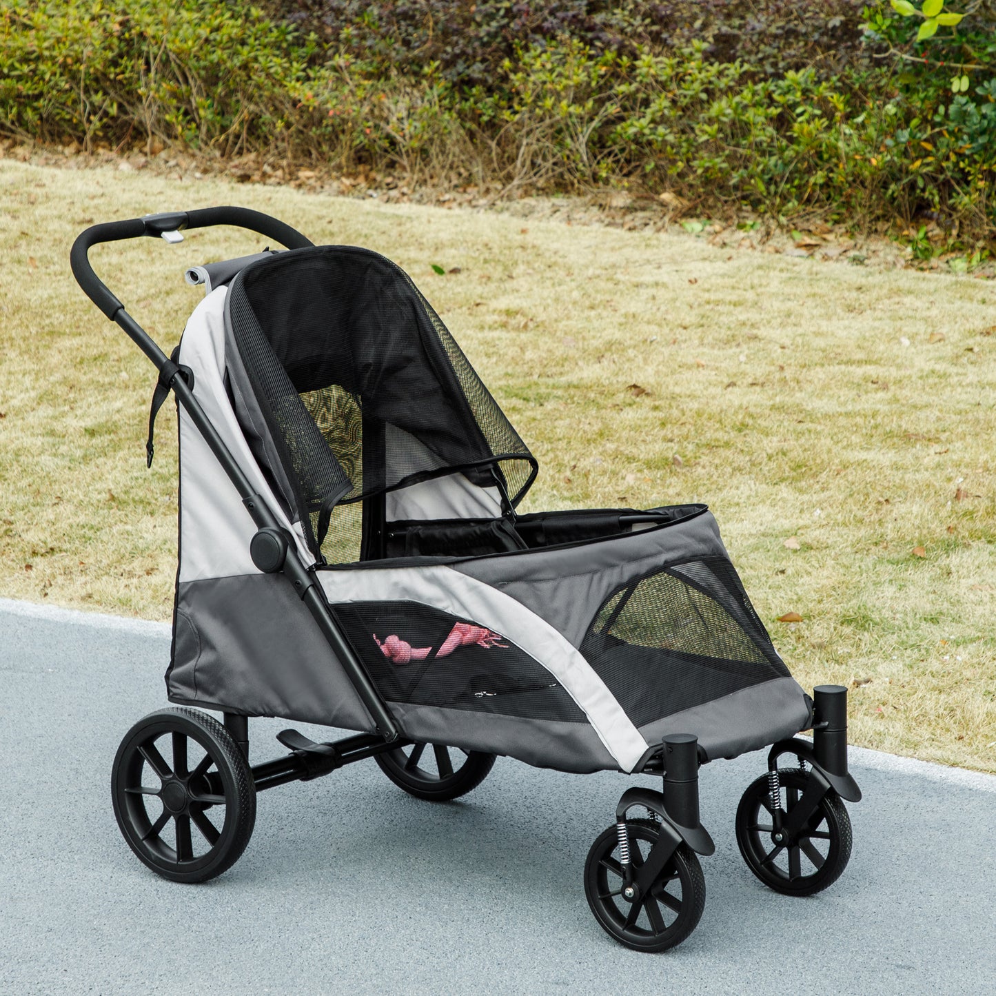PawHut Foldable Pet Stroller for Large Dogs with 4 Big Wheels, Shock-Absorbing Frame, Safety Leashes, Brakes, Dark Grey