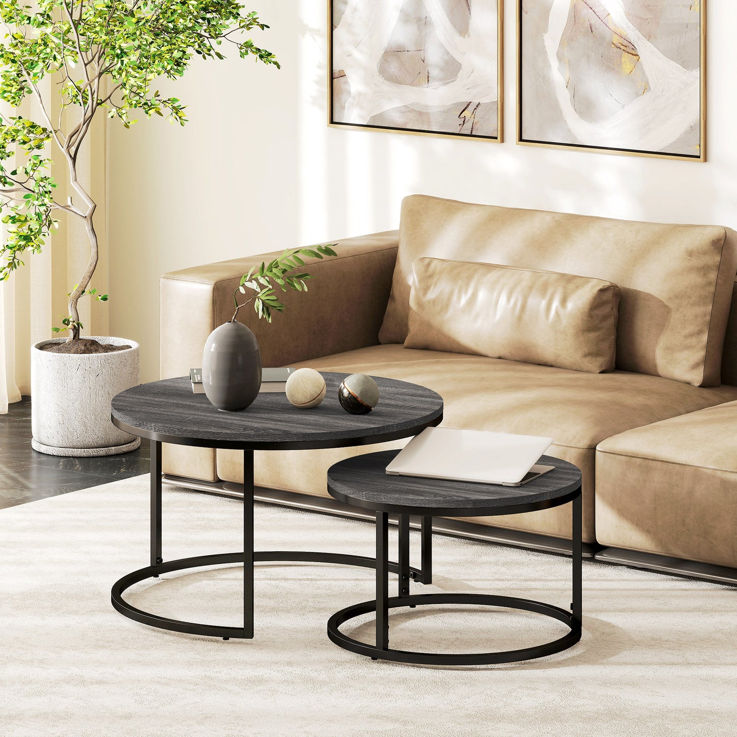 HOMCOM Set of Two Marble-Effect Stacking Tables - Black