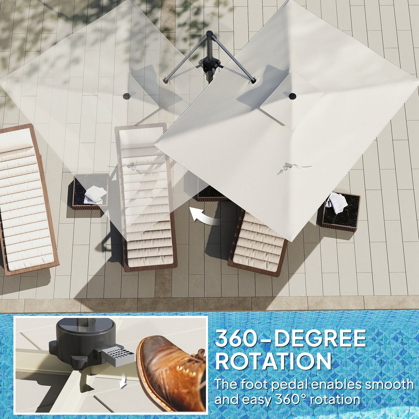 Outsunny 3.7 x 2.7 m Cantilever Parasol w/ 360° Rotation and Easy Tilt Adjustment, Aluminium Hanging Offset Outdoor Umbrella w/ Double Top and Cross Base, UPF50+ Hanging Sun Shade, Grey Wood Effect