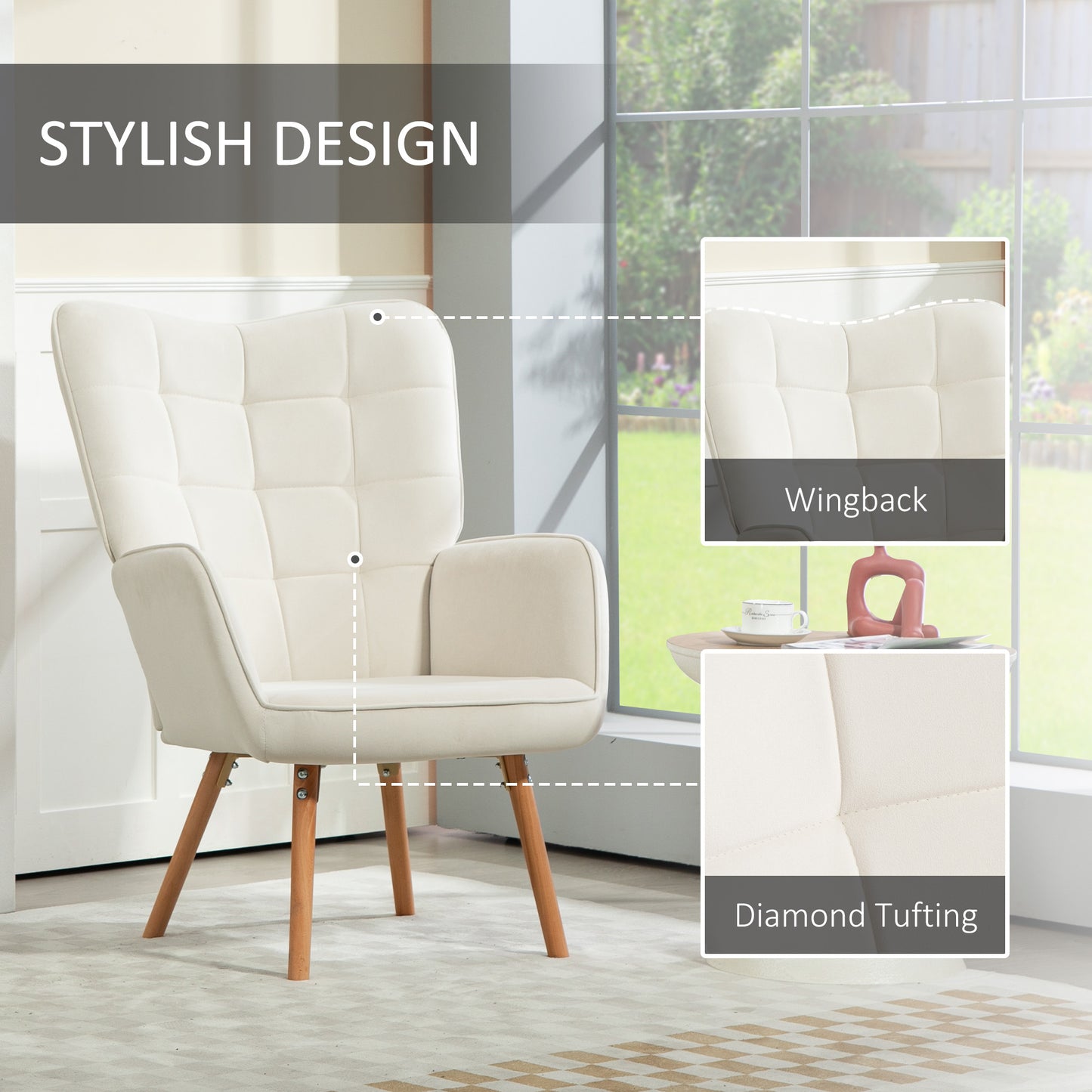 HOMCOM Modern Accent Chair, Upholstered Tufted Wingback Armchair with Seat Padding, Velvet Leisure Lounge Bedroom Chair with Wood Legs, Cream White
