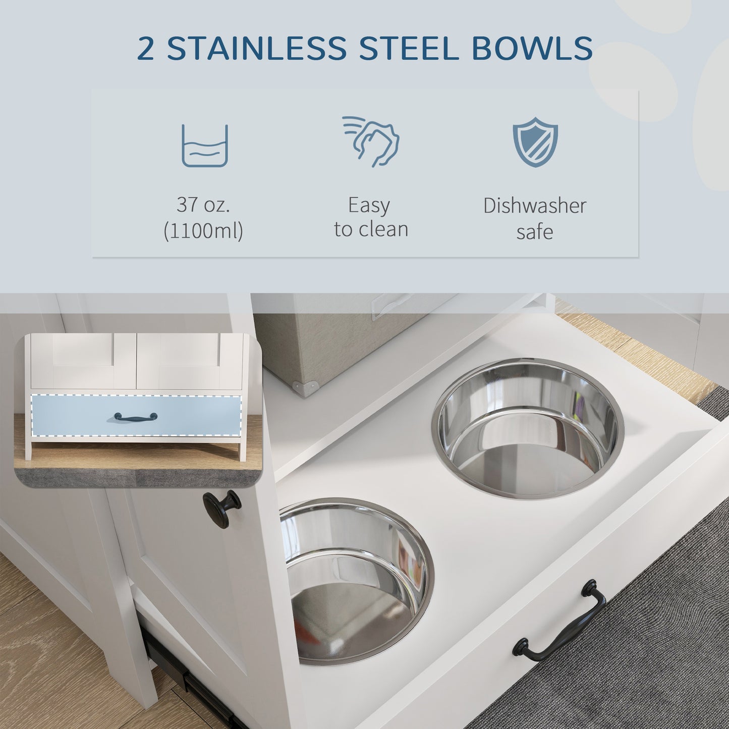 PawHut Pet Feeding Station with Raised Dog Bowls, Adjustable Panel, Hooks, Dog Food Storage Cabinet, White