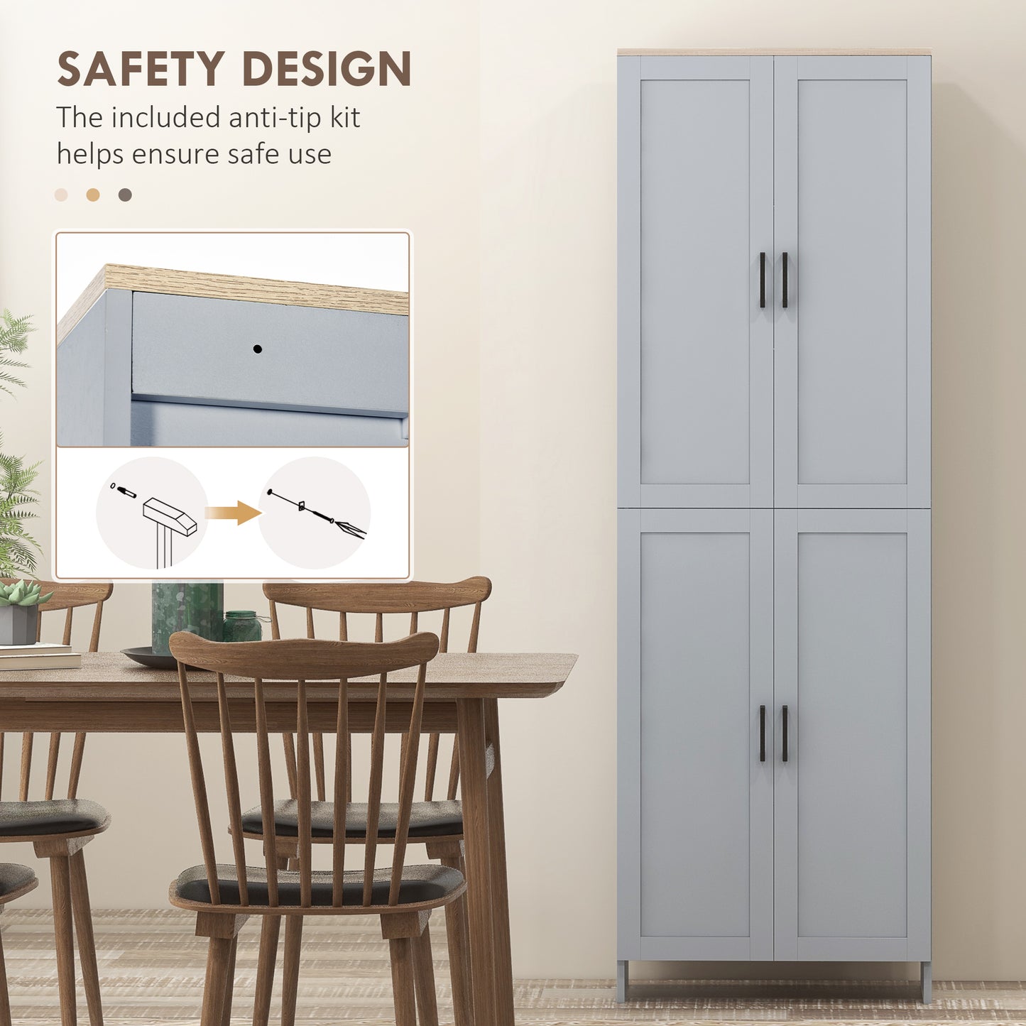 HOMCOM Freestanding Kitchen Cupboard, 4-Door Storage Cabinet with Adjustable Shelves, Modern Kitchen Pantry for Dining Room, 170cm, Grey