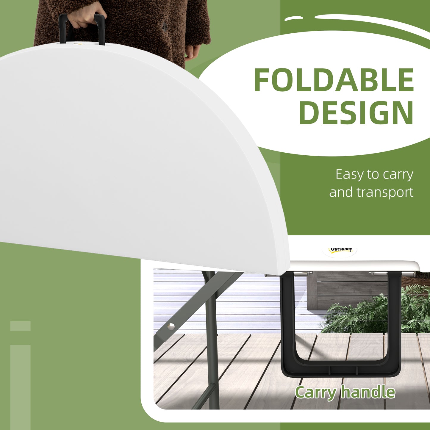 Outsunny Folding Garden Table, 122 cm Round HDPE Outdoor Picnic Table for 6, Metal Frame for Patio, Park, White