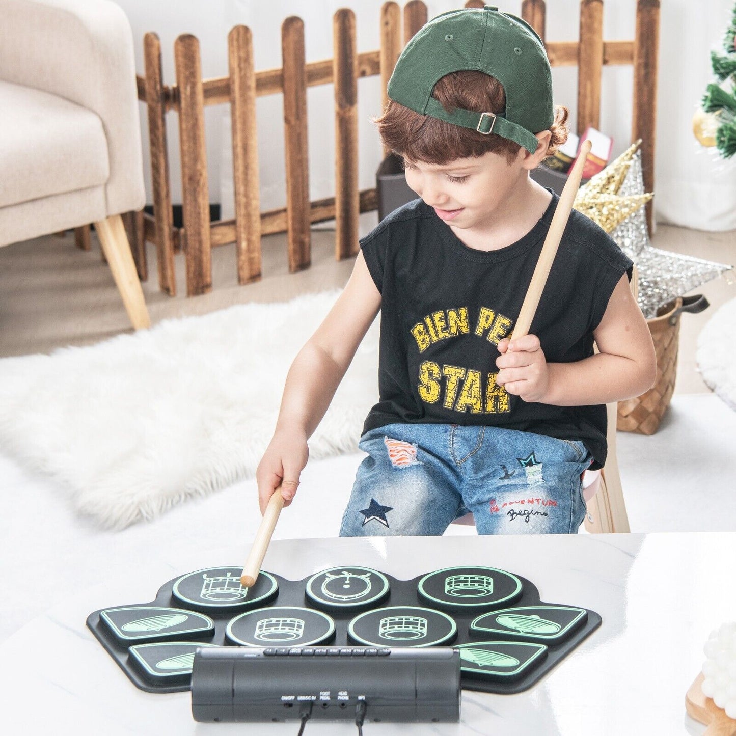 Portable 9 Pads Electric Drum Set with USB and MP3 Port-Green