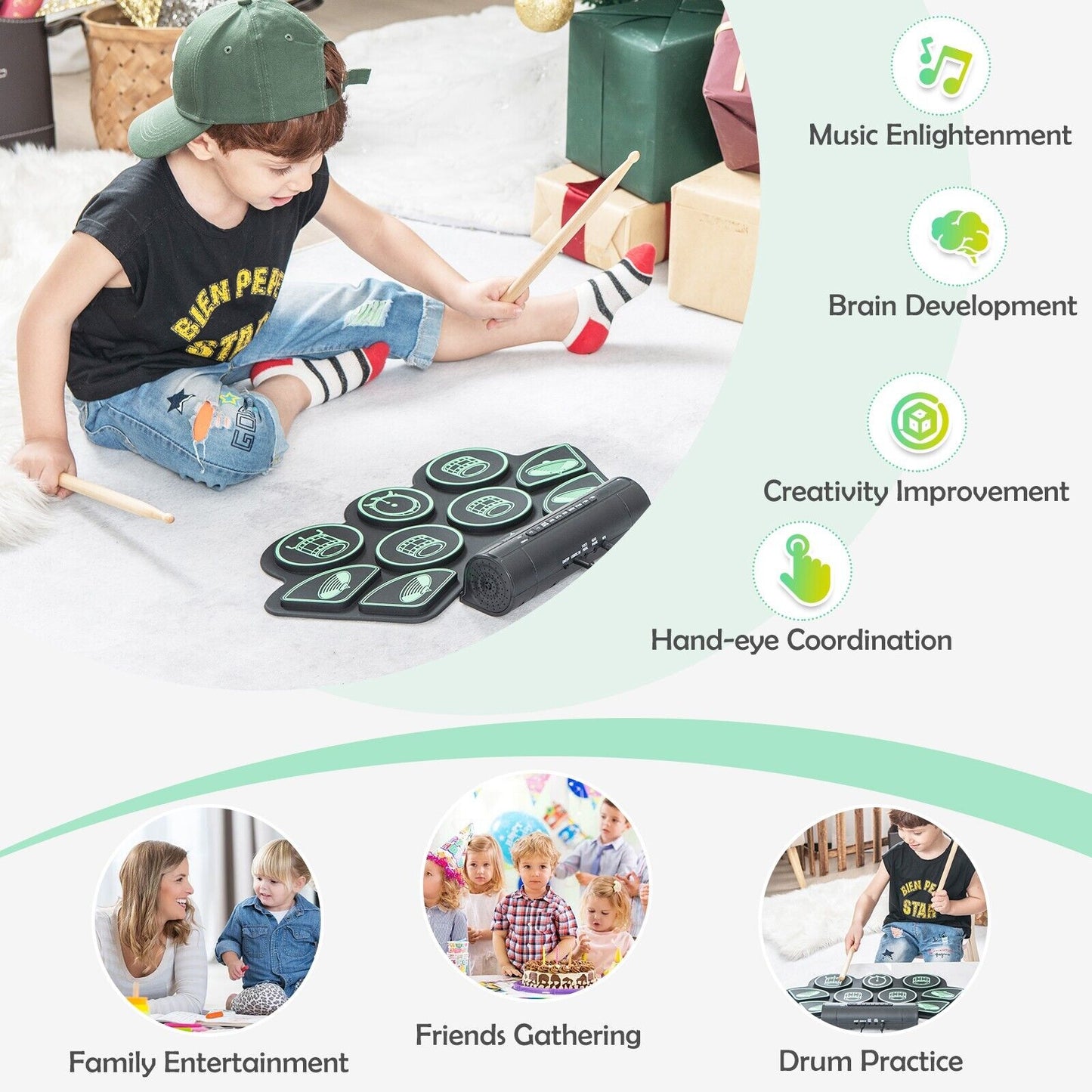 Portable 9 Pads Electric Drum Set with USB and MP3 Port-Green