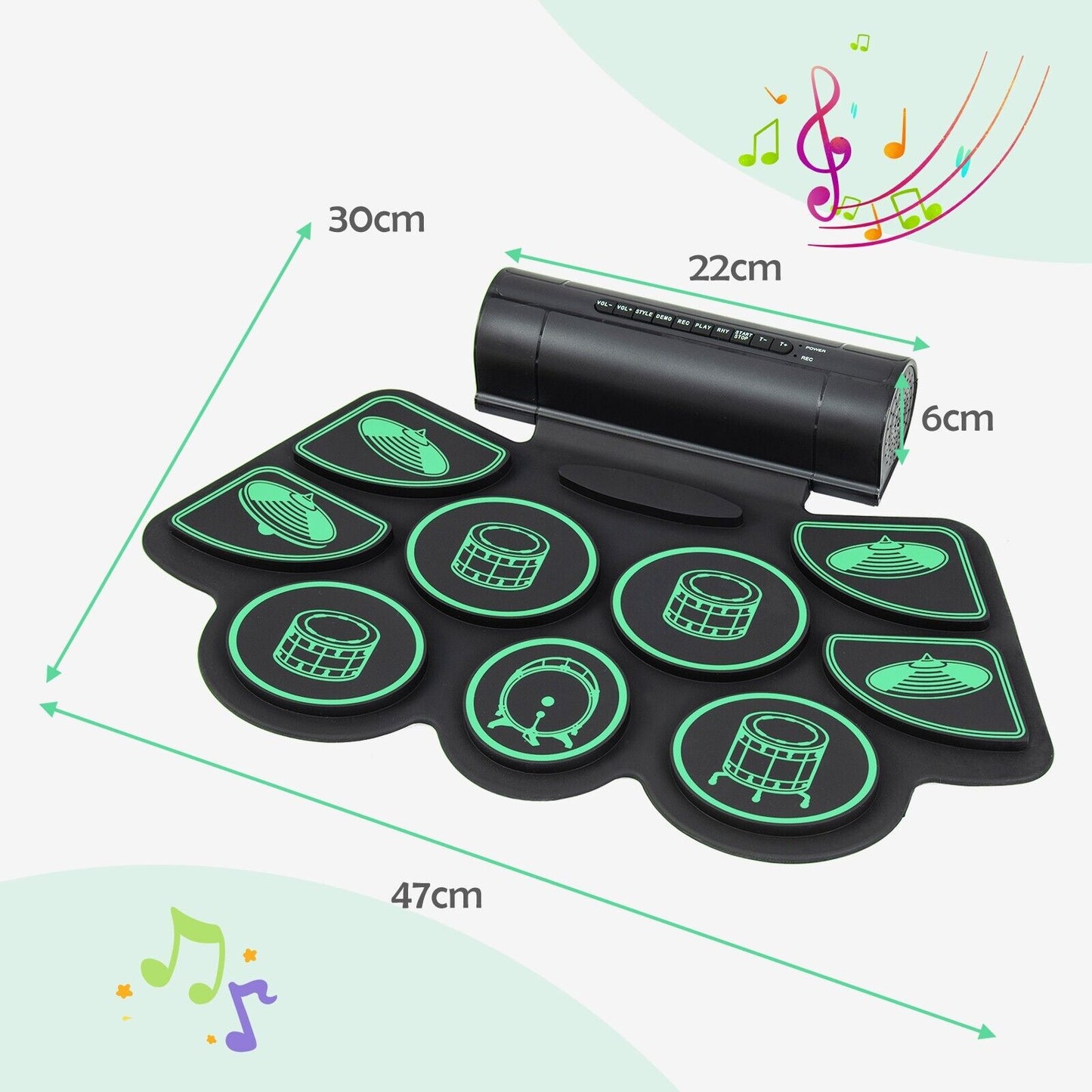 Portable 9 Pads Electric Drum Set with USB and MP3 Port-Green