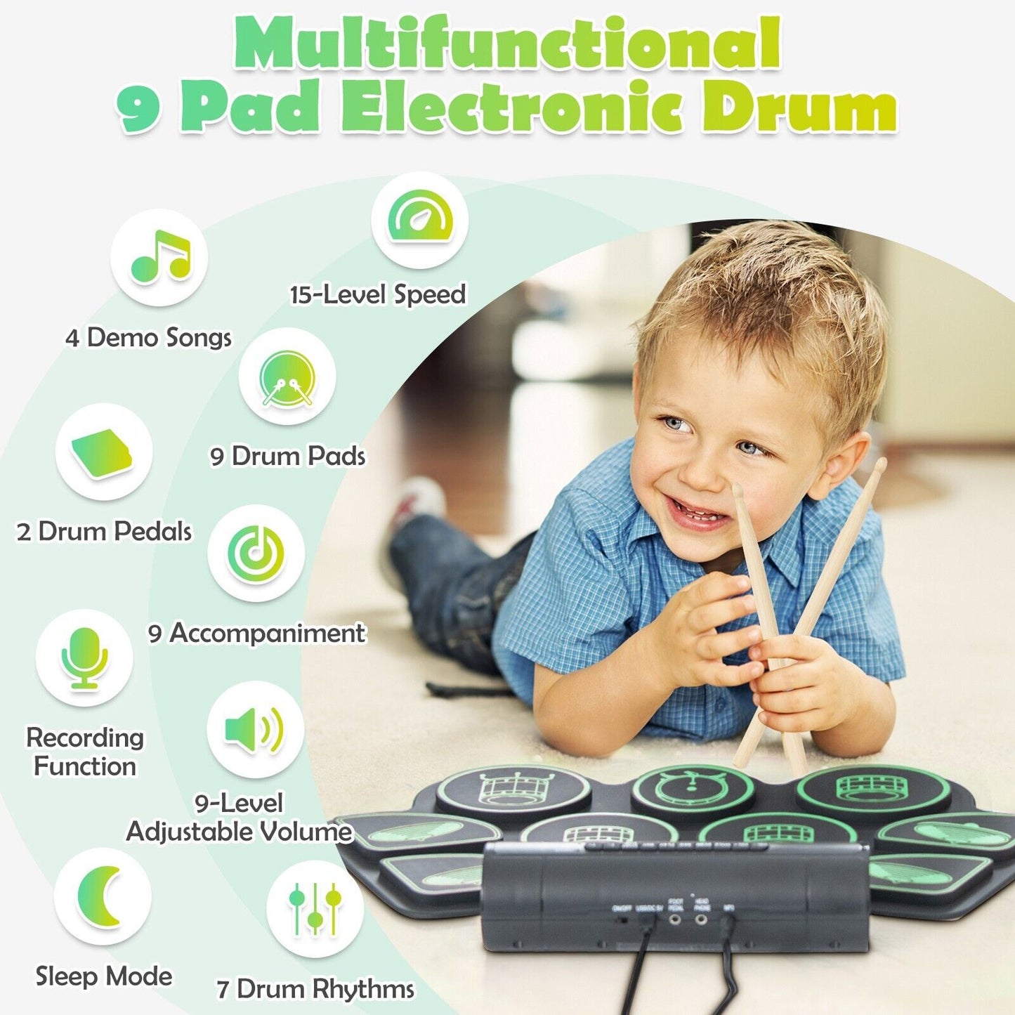 Portable 9 Pads Electric Drum Set with USB and MP3 Port-Green